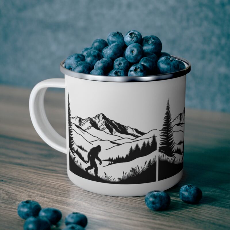 Enamel Camping Mug Bigfoot Walking in the Forest - Mountain