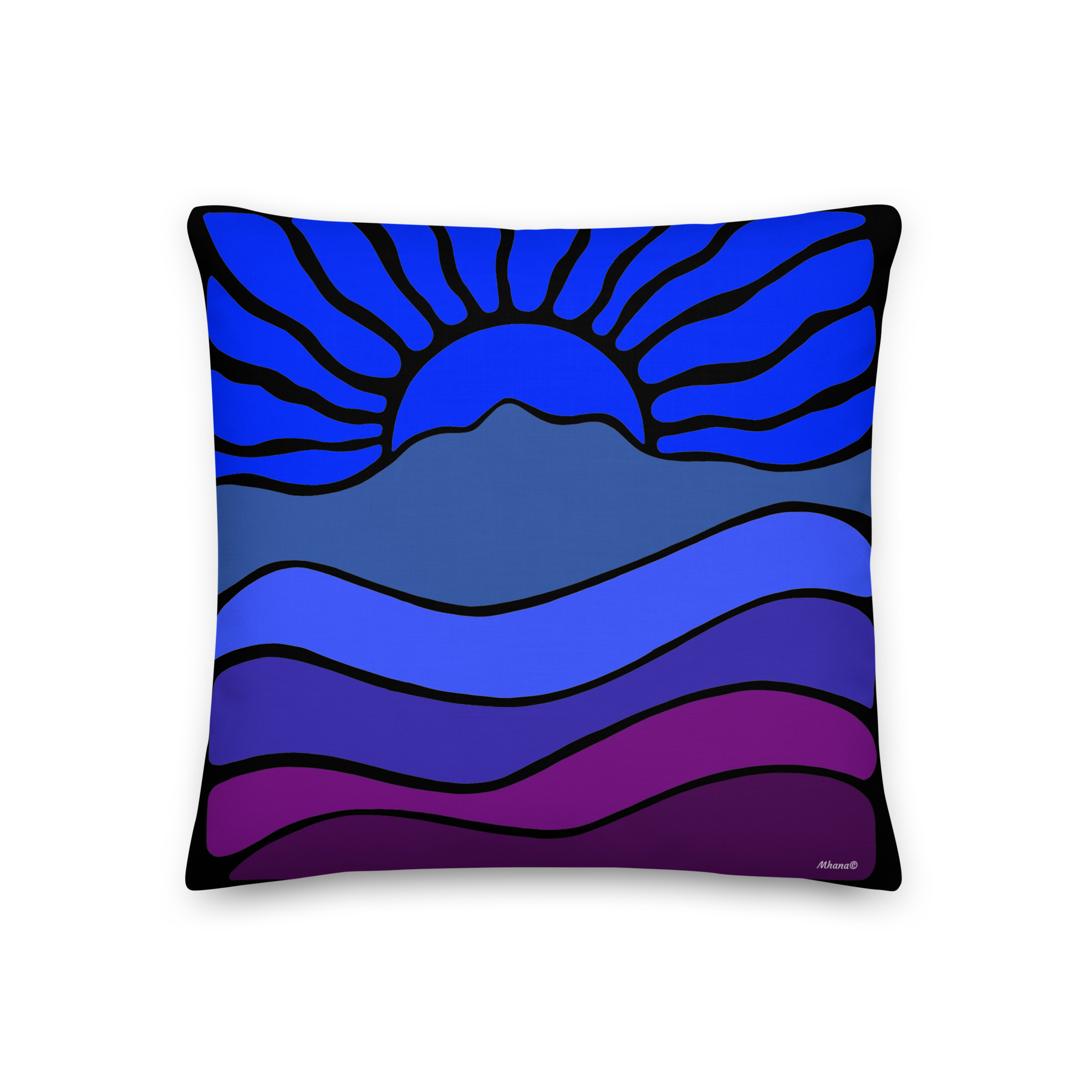 Premium Pillow Mt Tamalpais Groovy Retro Sun Landscape Design - Blue - Image 3