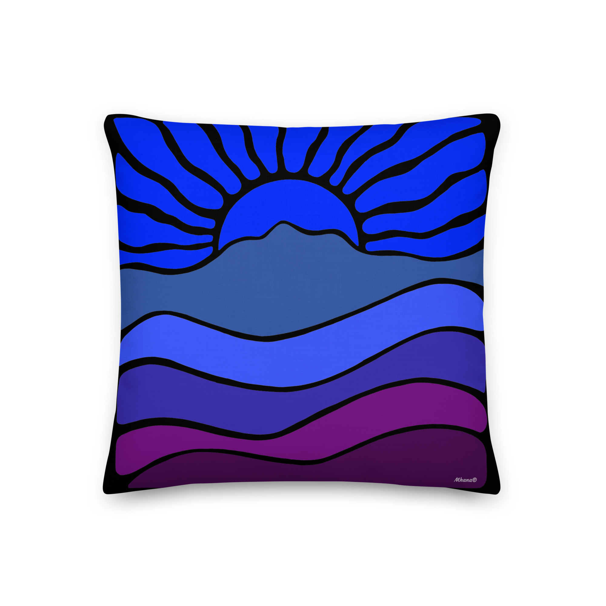 Premium Pillow Mt Tamalpais Groovy Retro Sun Landscape Design - Blue - Image 2