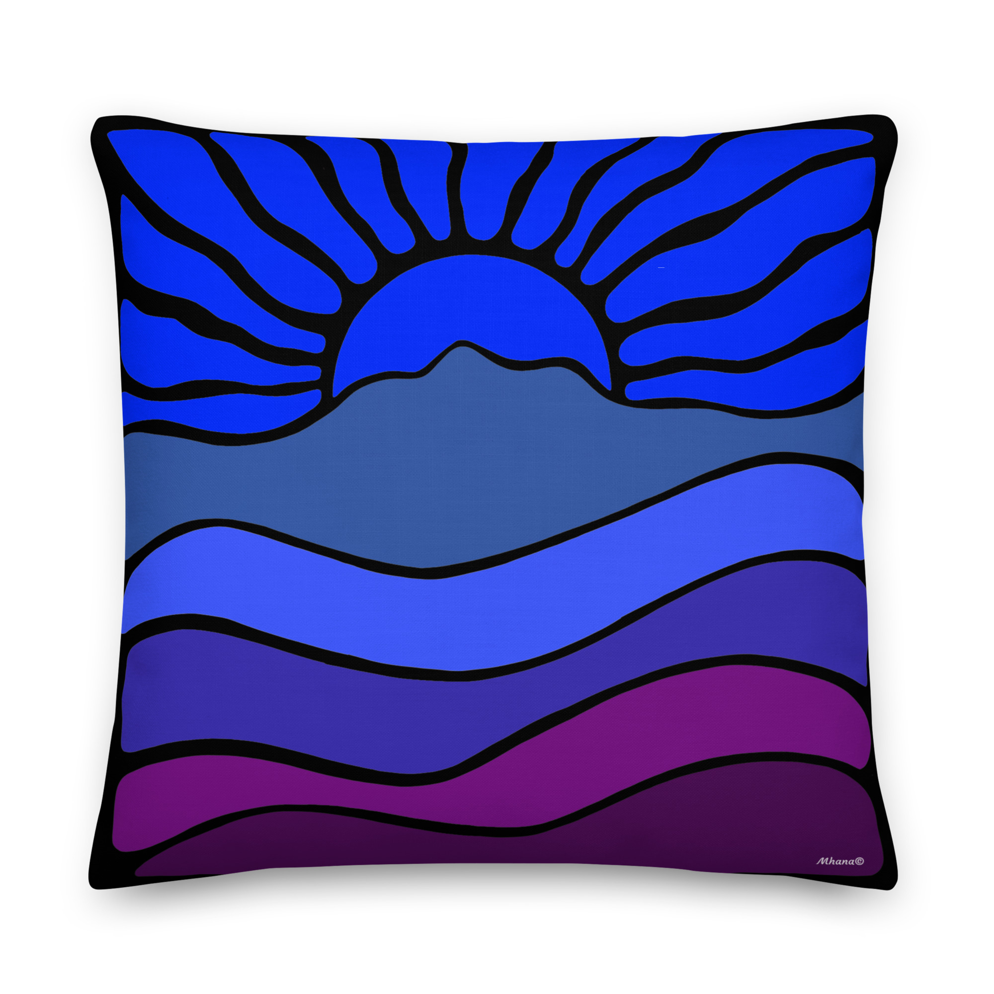 Premium Pillow Mt Tamalpais Groovy Retro Sun Landscape Design - Blue - Image 4