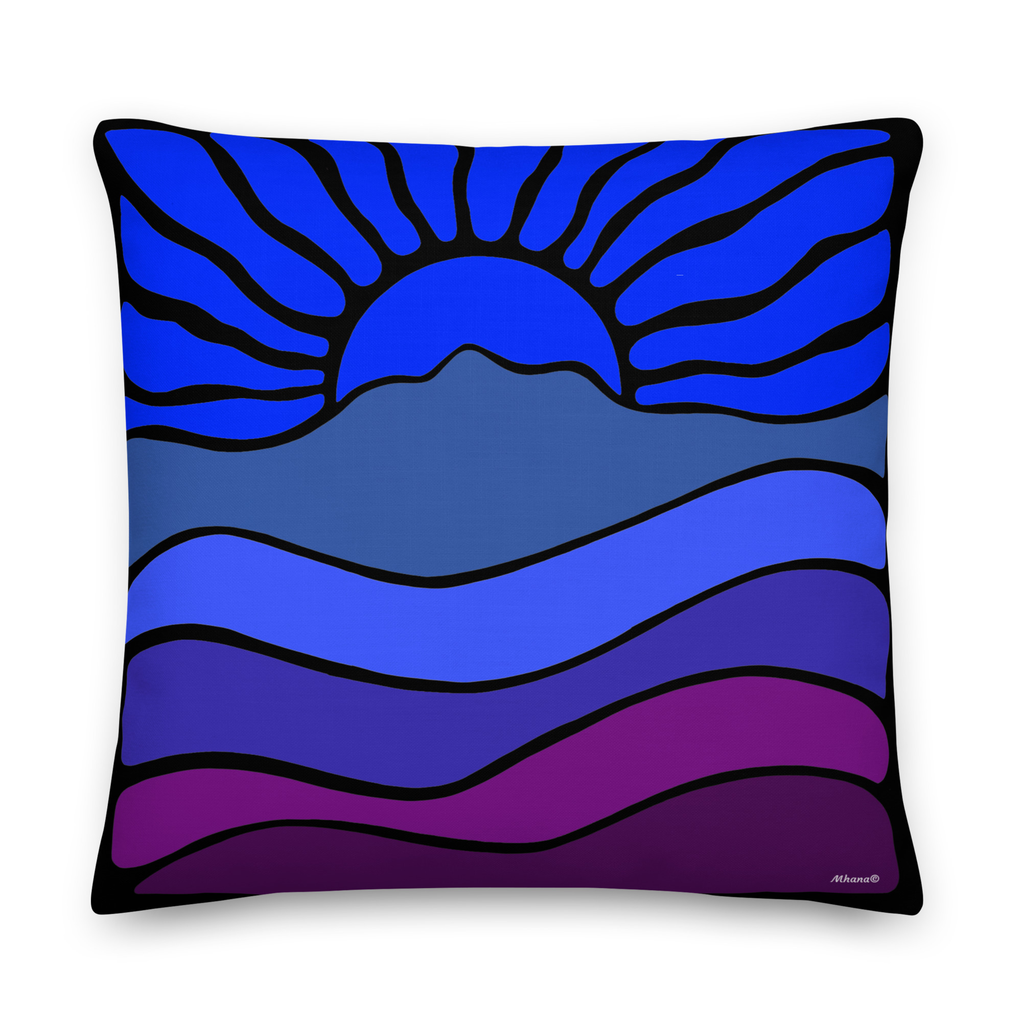 Premium Pillow Mt Tamalpais Groovy Retro Sun Landscape Design - Blue