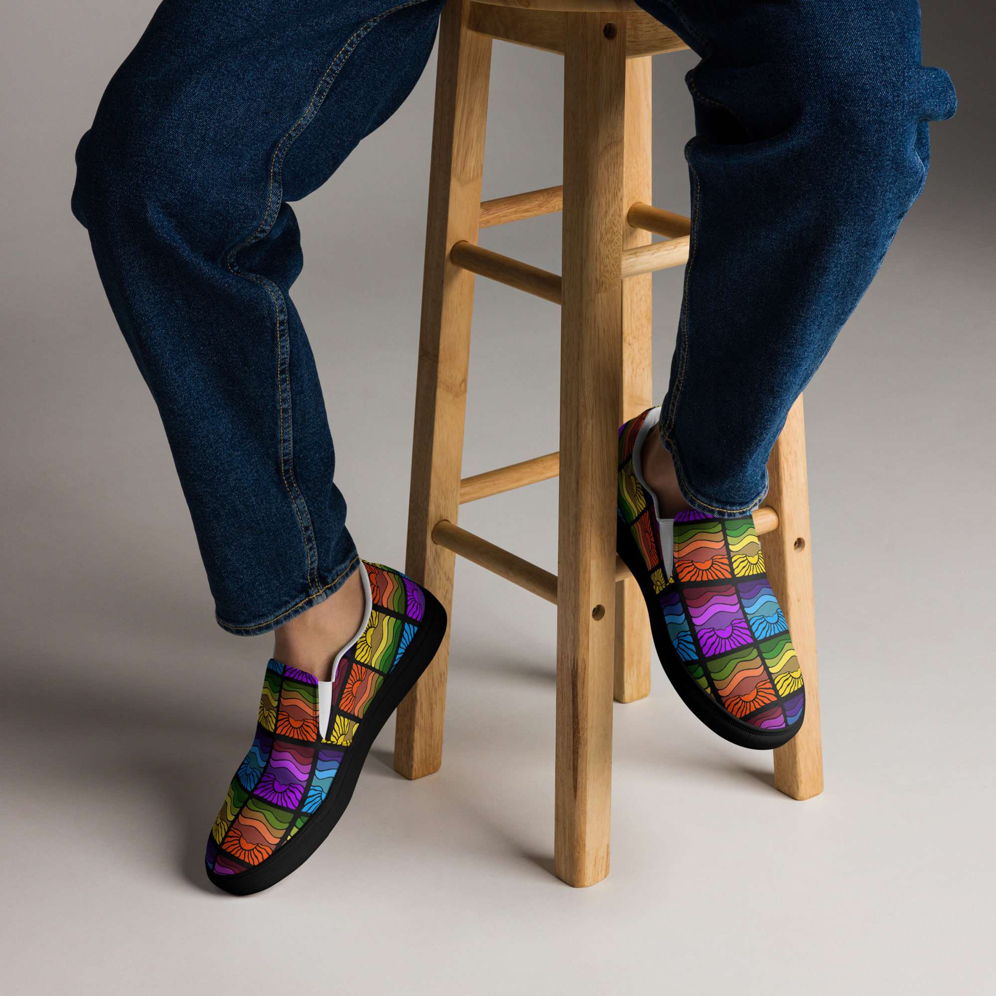 Men’s slip-on canvas shoes Mt Tamalpais Groovy Retro Sun Landscape Design X4 Rainbow - Image 2