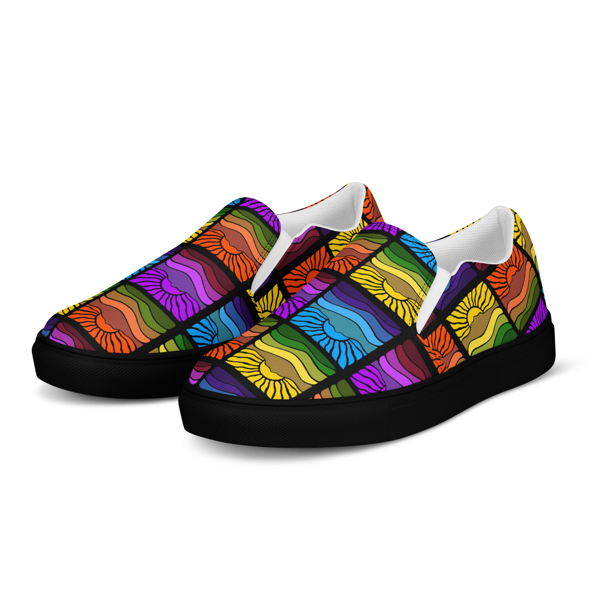 Men’s slip-on canvas shoes Mt Tamalpais Groovy Retro Sun Landscape Design X4 Rainbow - Image 7