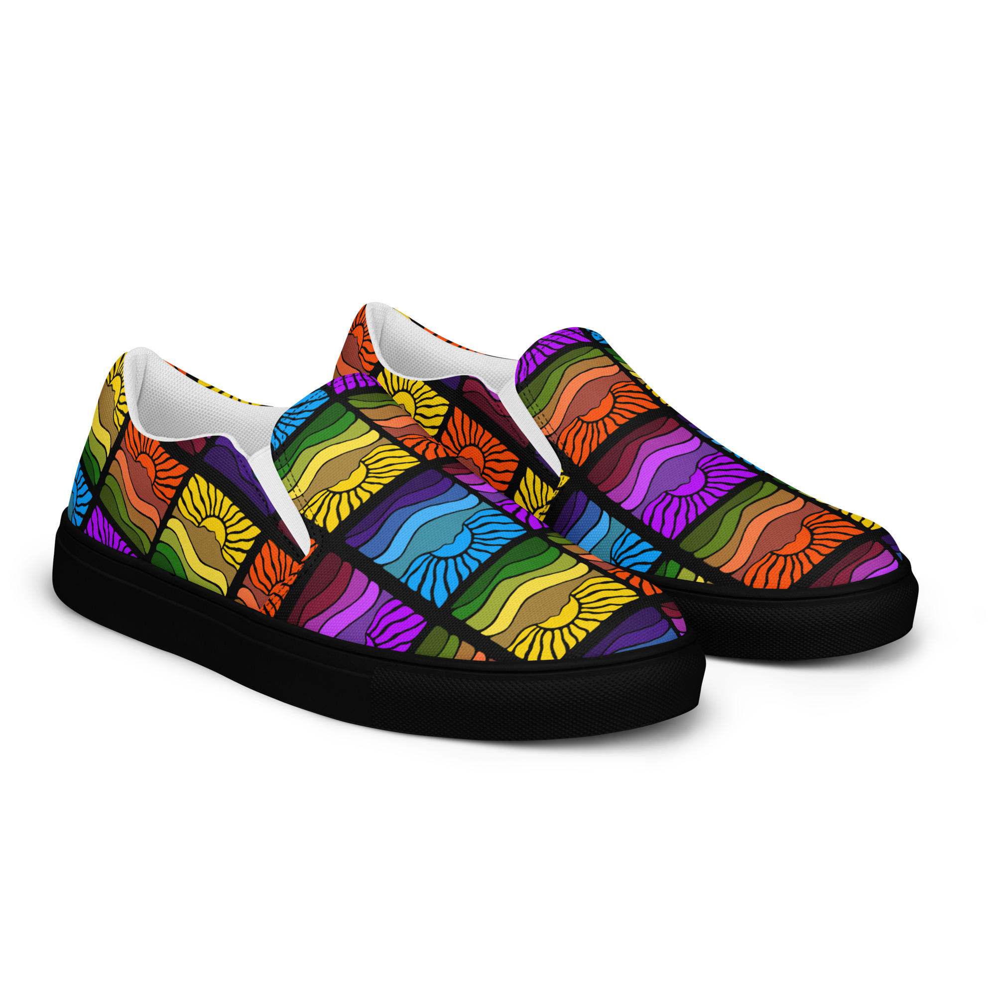 Men’s slip-on canvas shoes Mt Tamalpais Groovy Retro Sun Landscape Design X4 Rainbow - Image 8
