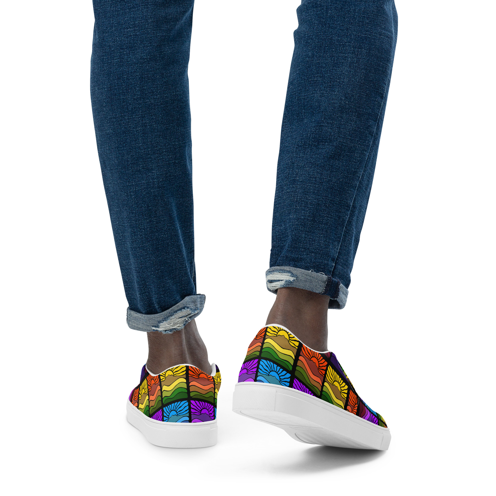 Men’s slip-on canvas shoes Mt Tamalpais Groovy Retro Sun Landscape Design X4 Rainbow - Image 4