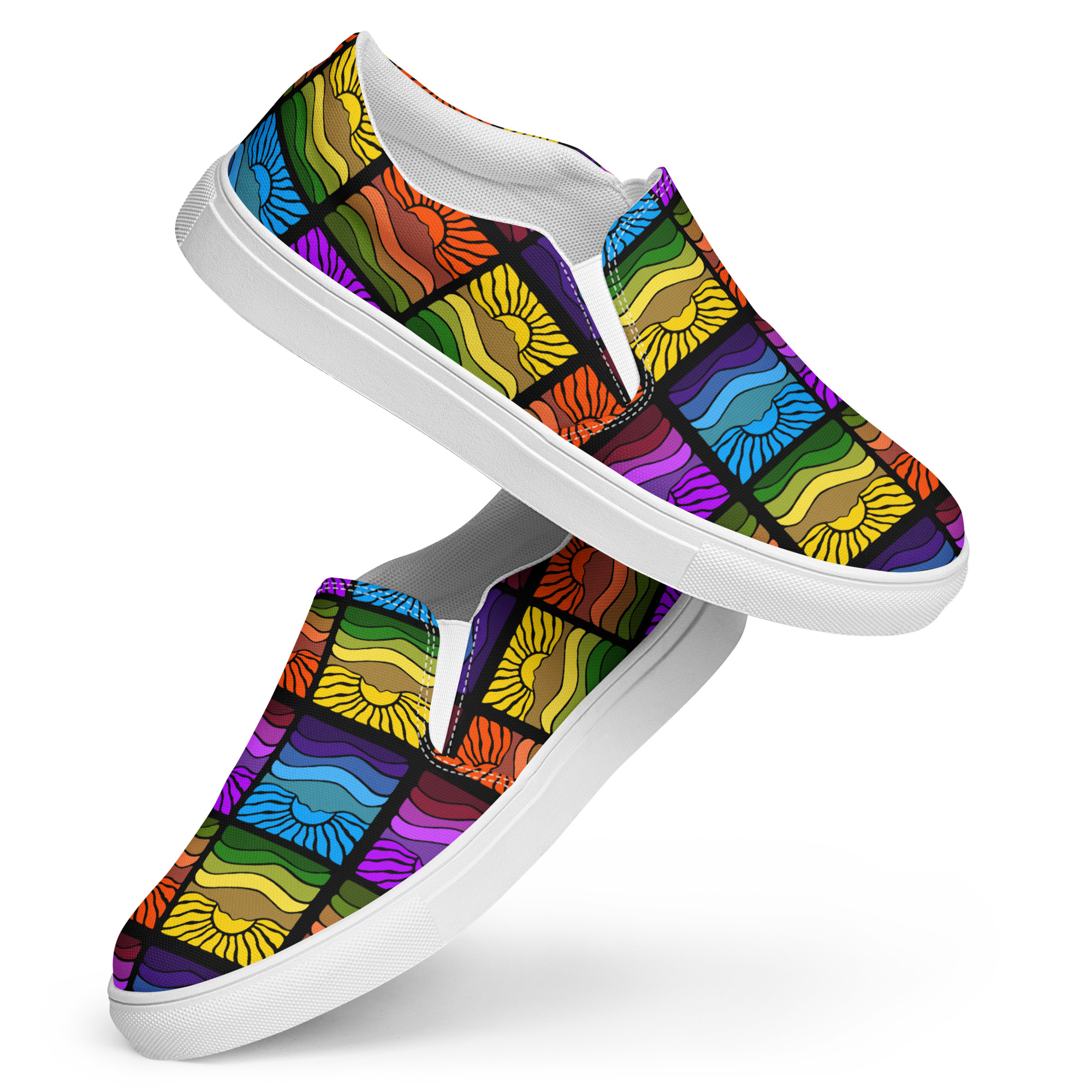 Men’s slip-on canvas shoes Mt Tamalpais Groovy Retro Sun Landscape Design X4 Rainbow - Image 3