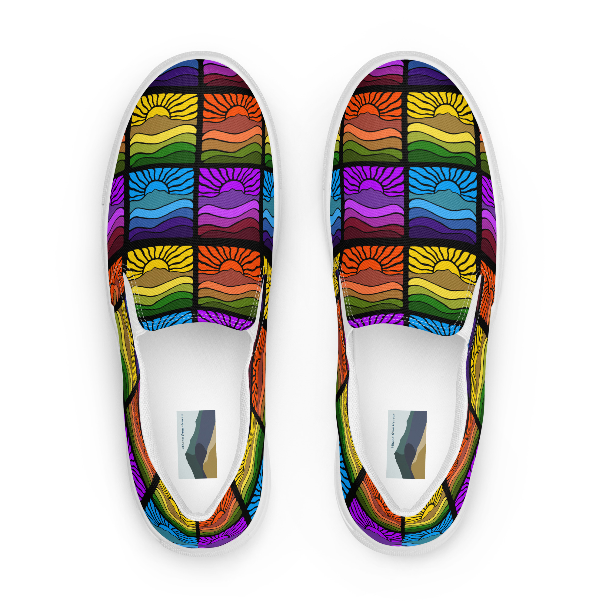 Men’s slip-on canvas shoes Mt Tamalpais Groovy Retro Sun Landscape Design X4 Rainbow - Image 10