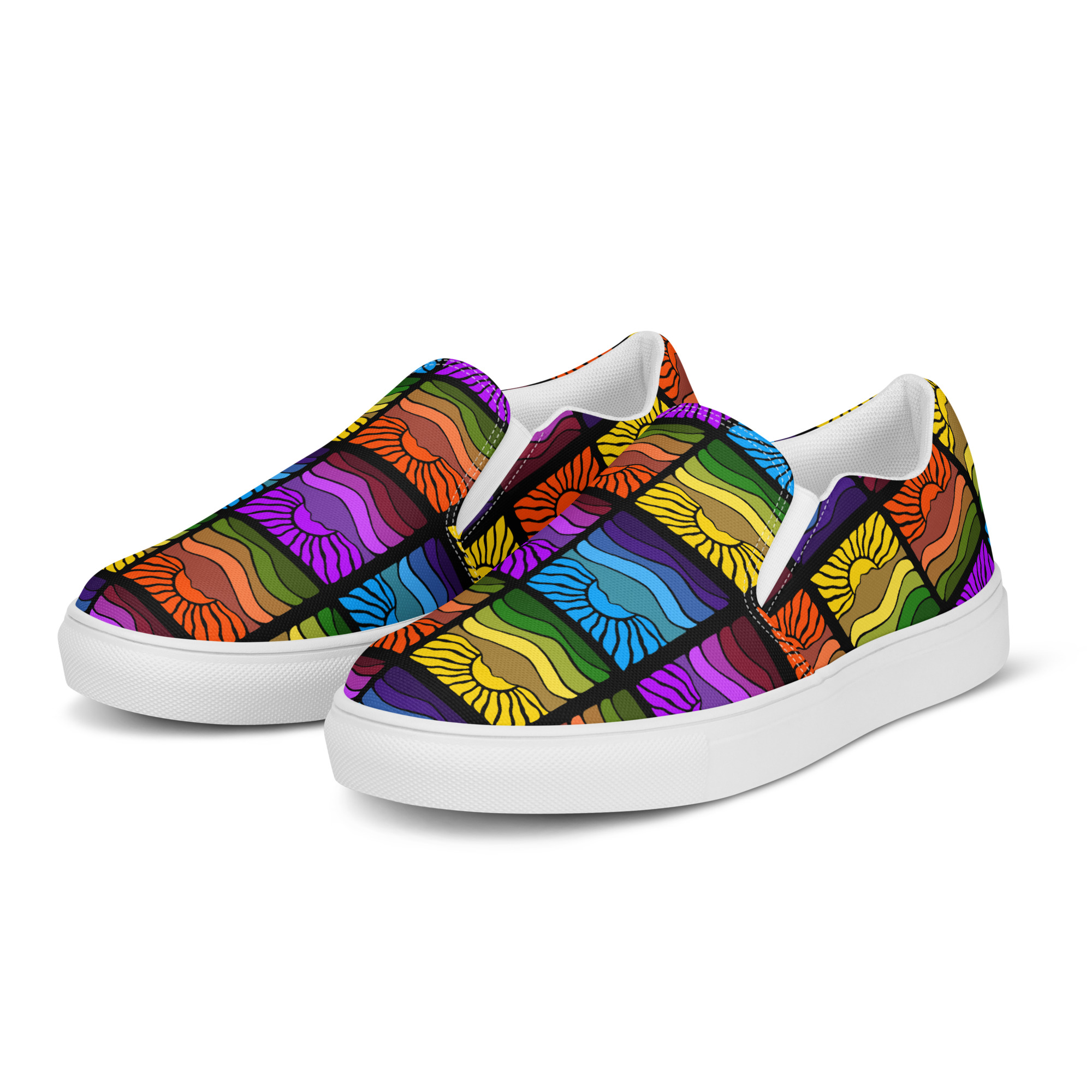 Men’s slip-on canvas shoes Mt Tamalpais Groovy Retro Sun Landscape Design X4 Rainbow - Image 11