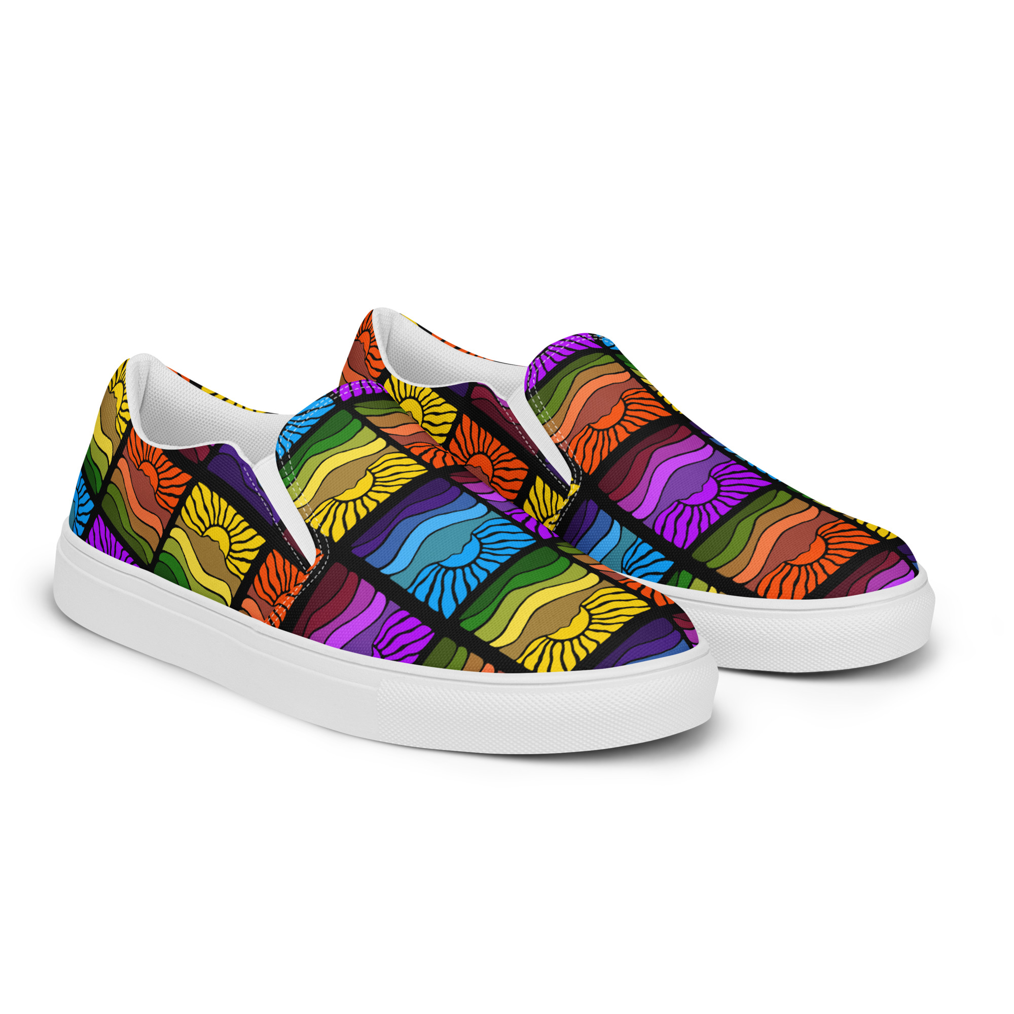 Men’s slip-on canvas shoes Mt Tamalpais Groovy Retro Sun Landscape Design X4 Rainbow - Image 13