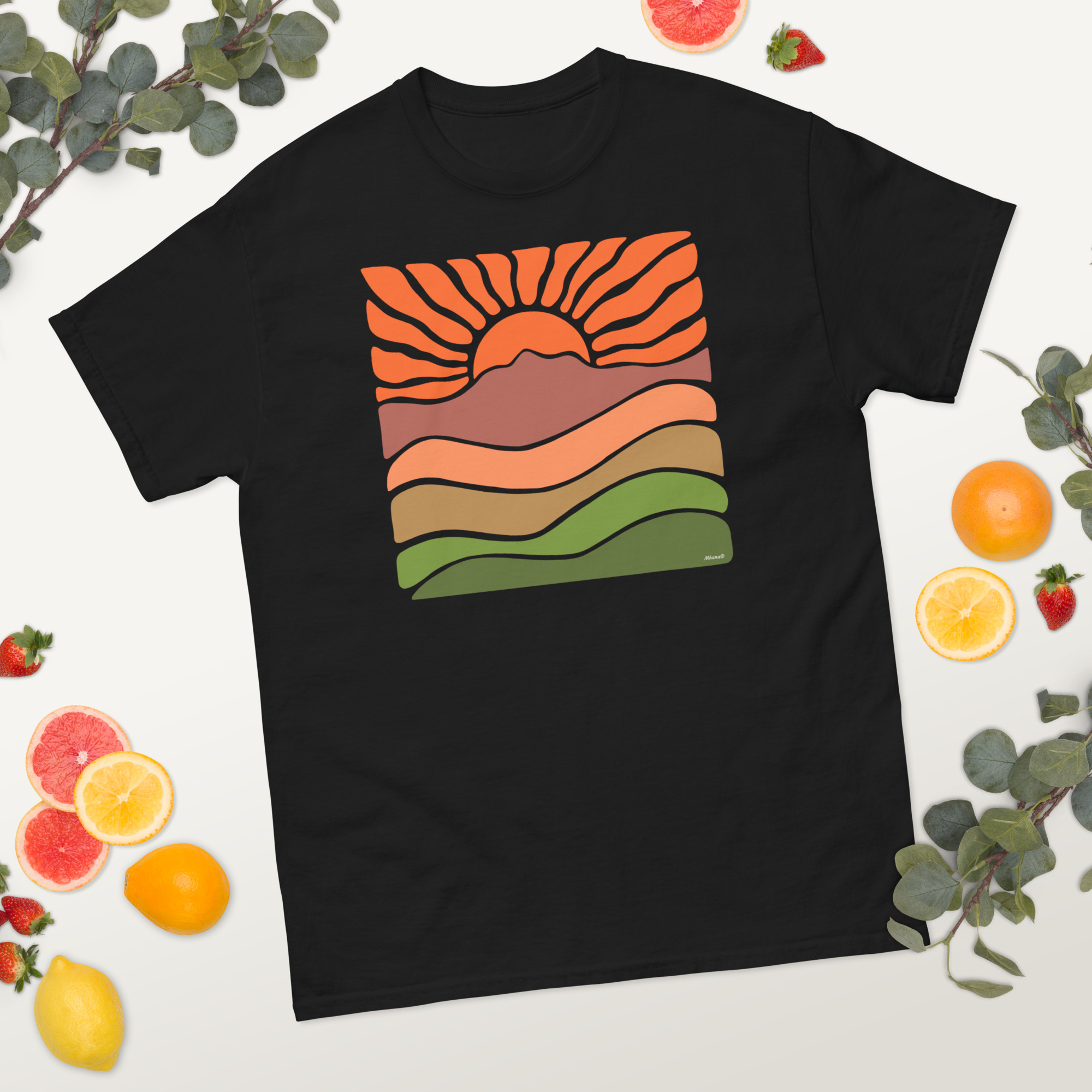 Unisex classic tee 100% Cotton T-shirt Mt Tamalpais Groovy Retro Sun Landscape Design – Orange - Image 3
