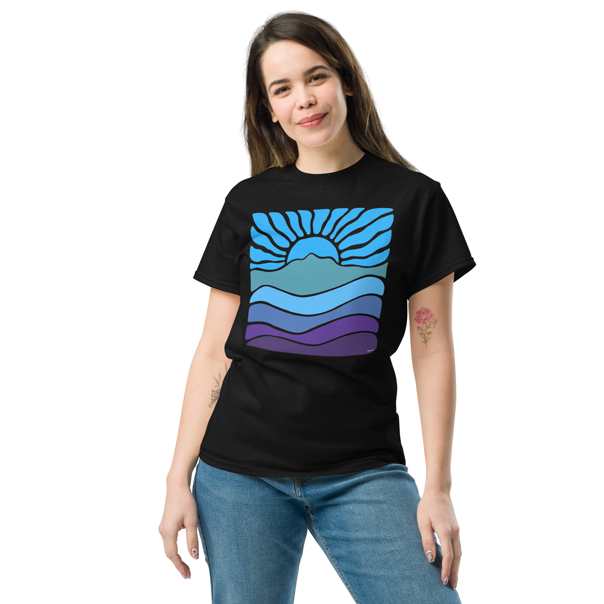 Unisex classic tee 100% Cotton T-shirt Mt Tamalpais Groovy Retro Sun Landscape Design - Light Blue - Image 2