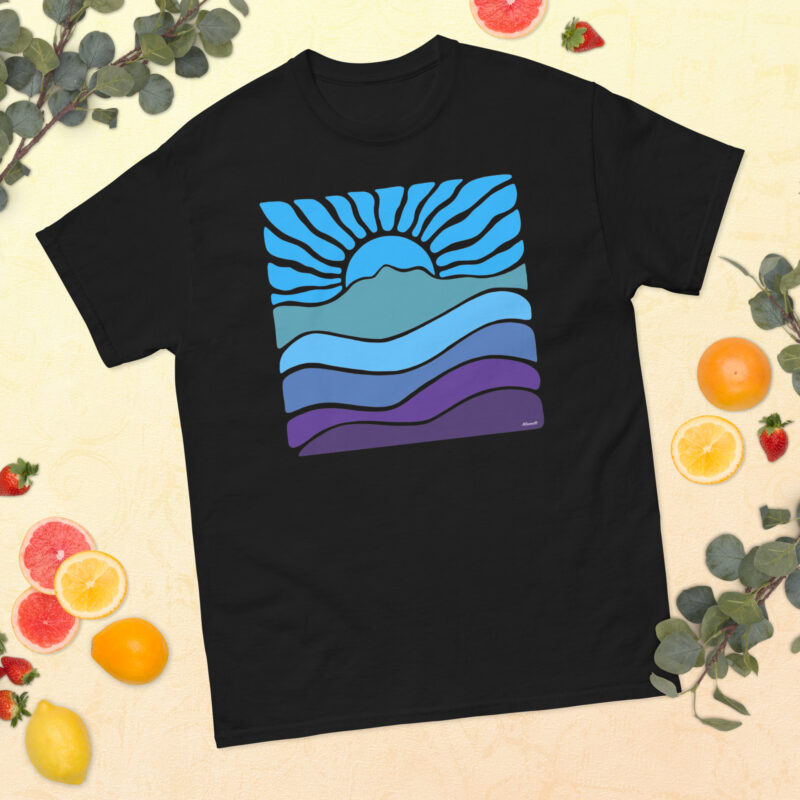 Unisex classic tee 100% Cotton T-shirt Mt Tamalpais Groovy Retro Sun Landscape Design - Light Blue
