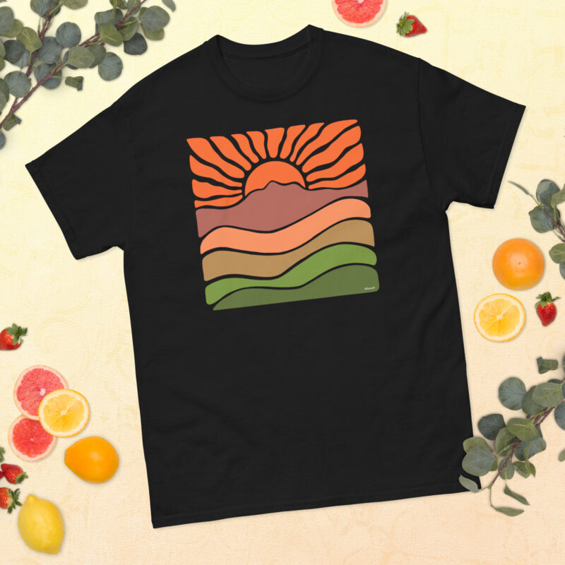 Unisex classic tee 100% Cotton T-shirt Mt Tamalpais Groovy Retro Sun Landscape Design – Orange