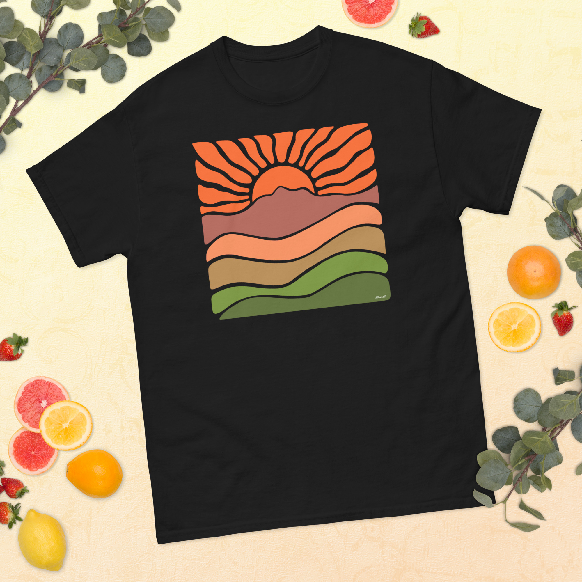 Unisex classic tee 100% Cotton T-shirt Mt Tamalpais Groovy Retro Sun Landscape Design – Orange