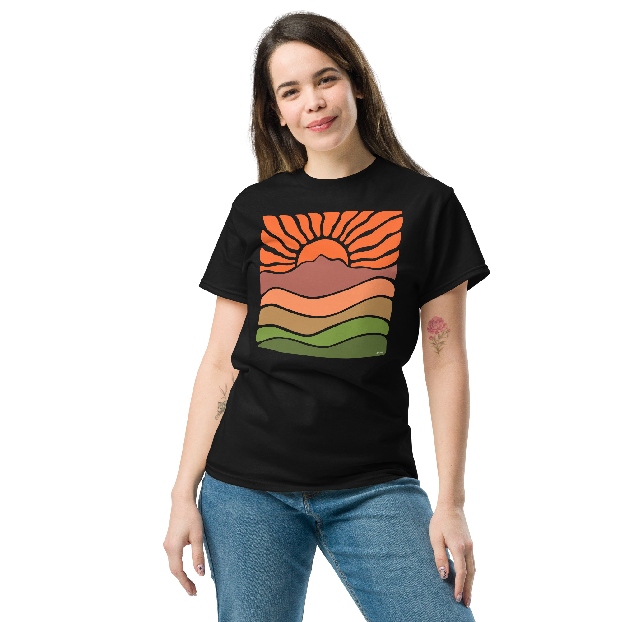 Unisex classic tee 100% Cotton T-shirt Mt Tamalpais Groovy Retro Sun Landscape Design – Orange - Image 2