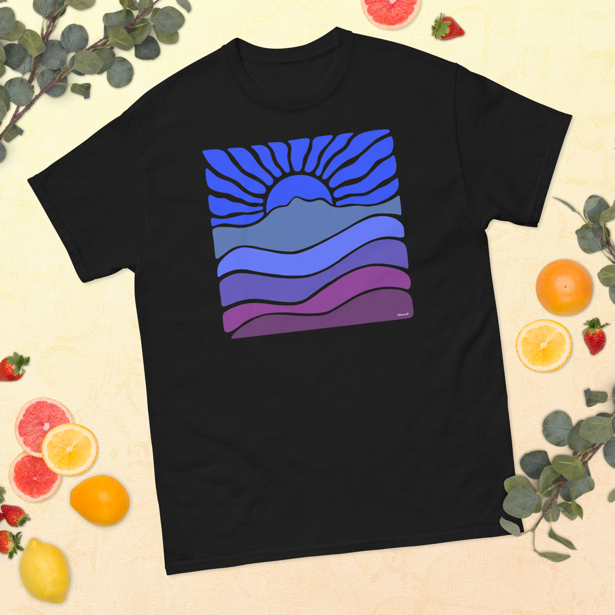 Unisex classic tee 100% Cotton T-shirt Mt Tamalpais Groovy Retro Sun Landscape Design – Dark Blue