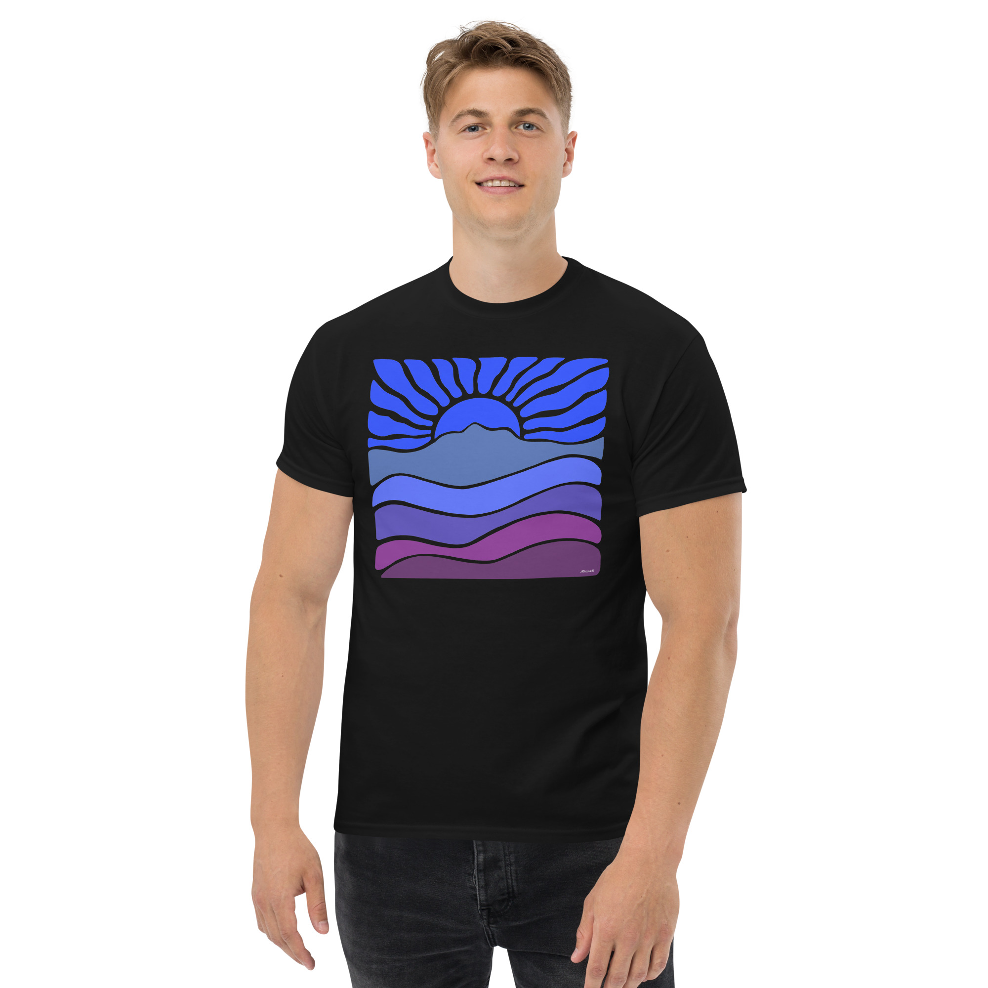 Unisex classic tee 100% Cotton T-shirt Mt Tamalpais Groovy Retro Sun Landscape Design – Dark Blue - Image 2