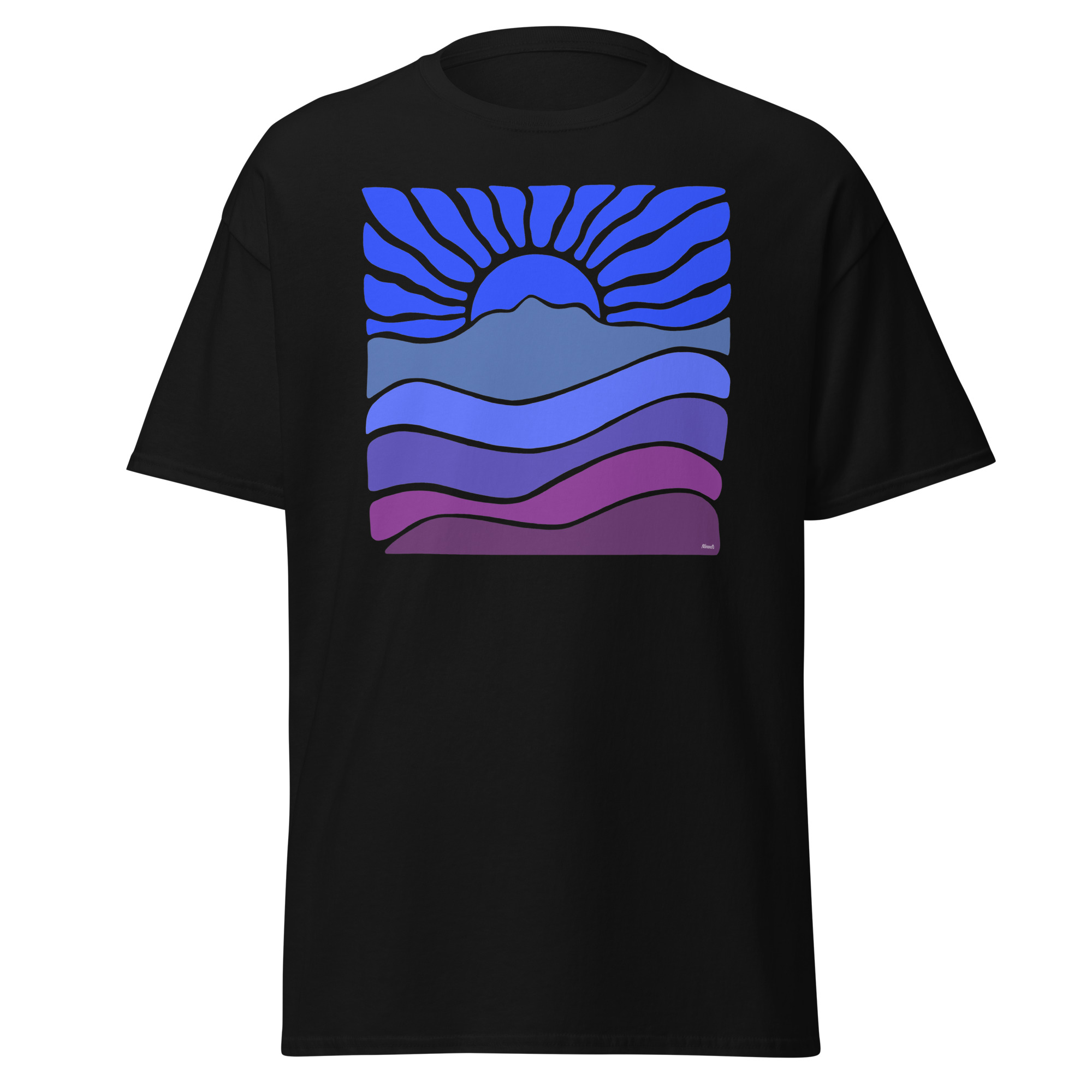 Unisex classic tee 100% Cotton T-shirt Mt Tamalpais Groovy Retro Sun Landscape Design – Dark Blue - Image 6