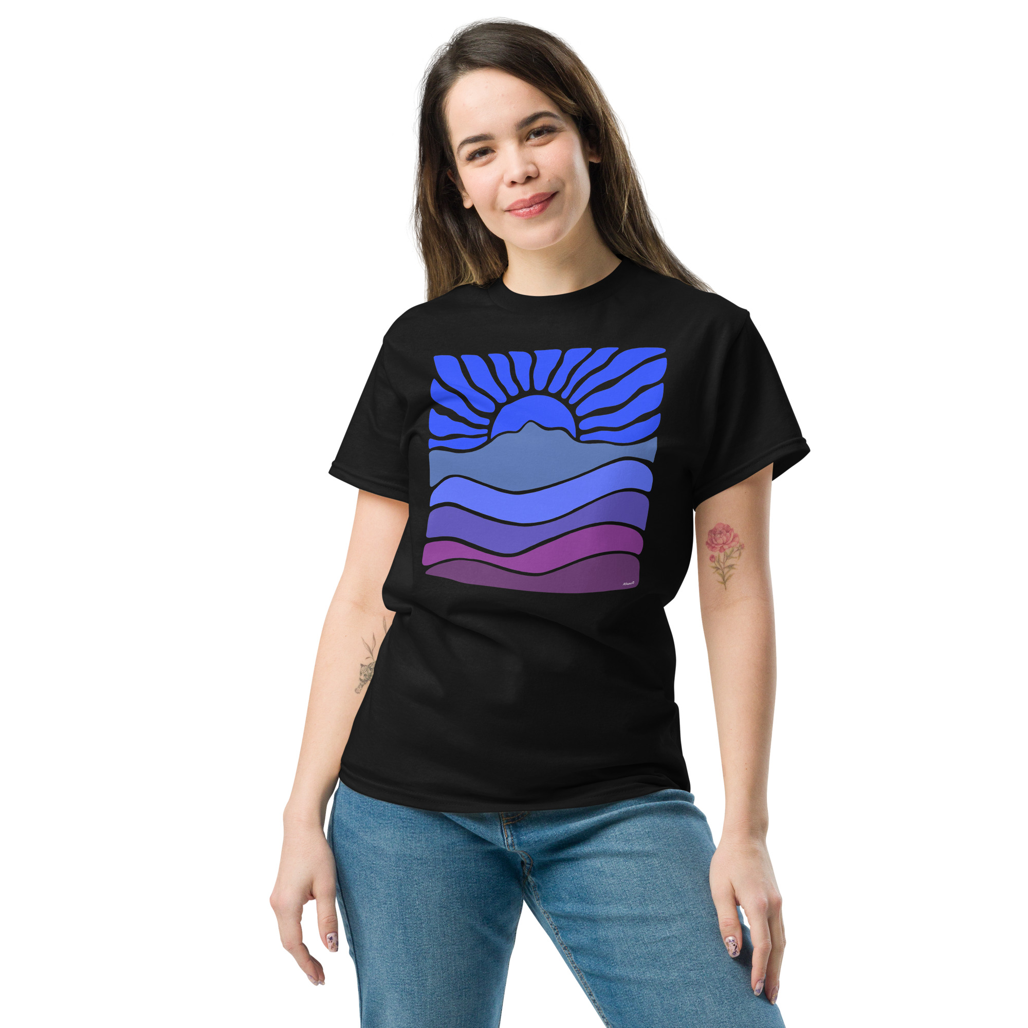Unisex classic tee 100% Cotton T-shirt Mt Tamalpais Groovy Retro Sun Landscape Design – Dark Blue - Image 7