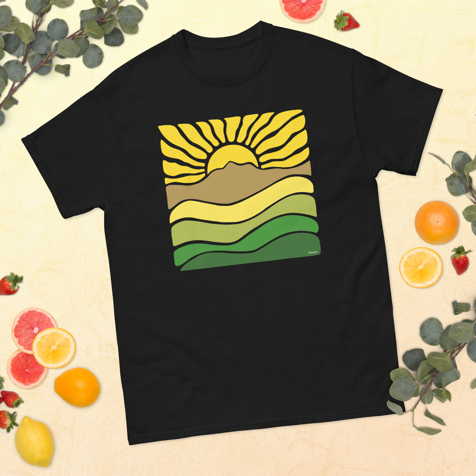 Unisex classic tee 100% Cotton T-shirt Mt Tamalpais Groovy Retro Sun Landscape Design – Yellow