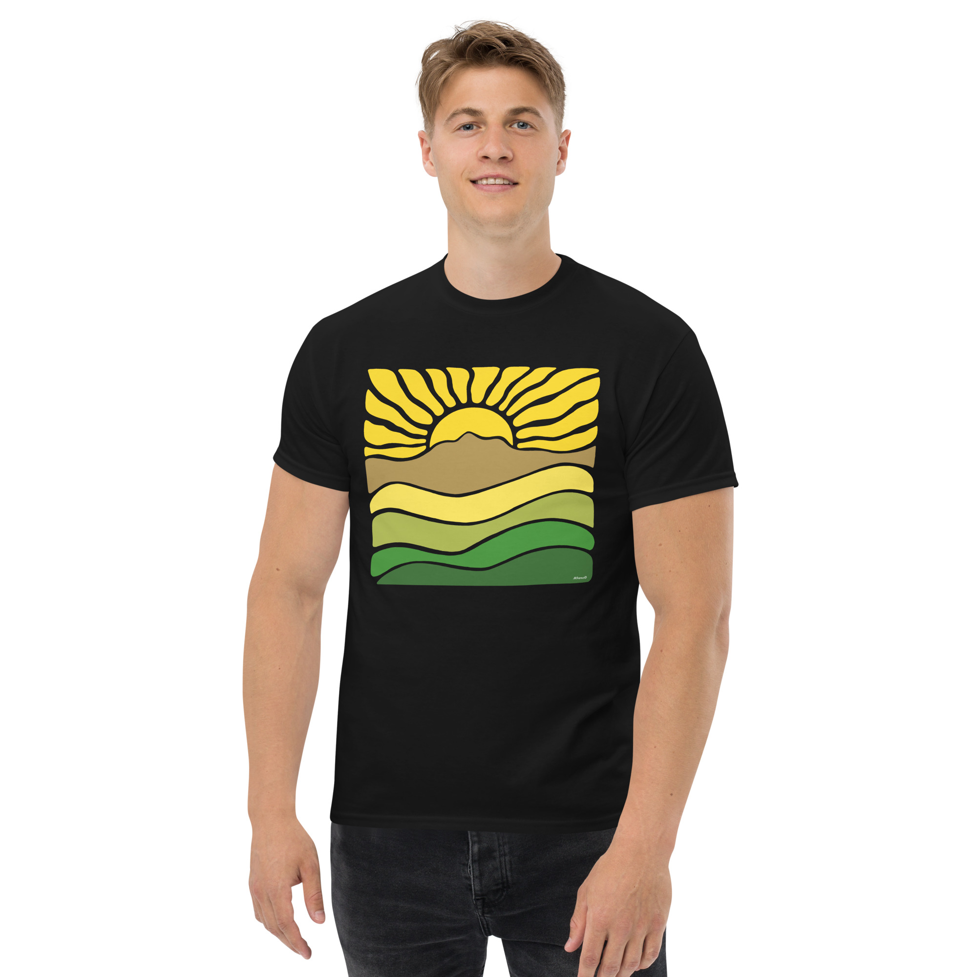 Unisex classic tee 100% Cotton T-shirt Mt Tamalpais Groovy Retro Sun Landscape Design – Yellow - Image 3