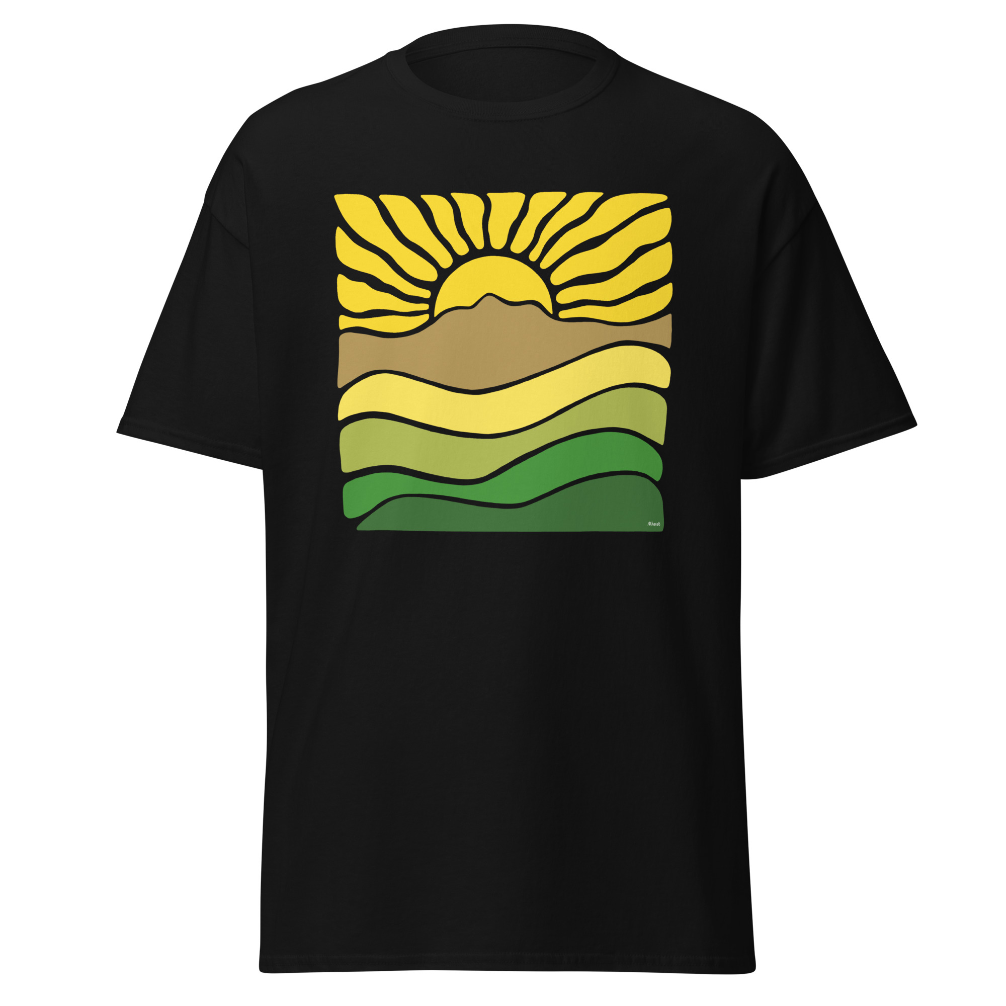Unisex classic tee 100% Cotton T-shirt Mt Tamalpais Groovy Retro Sun Landscape Design – Yellow - Image 4