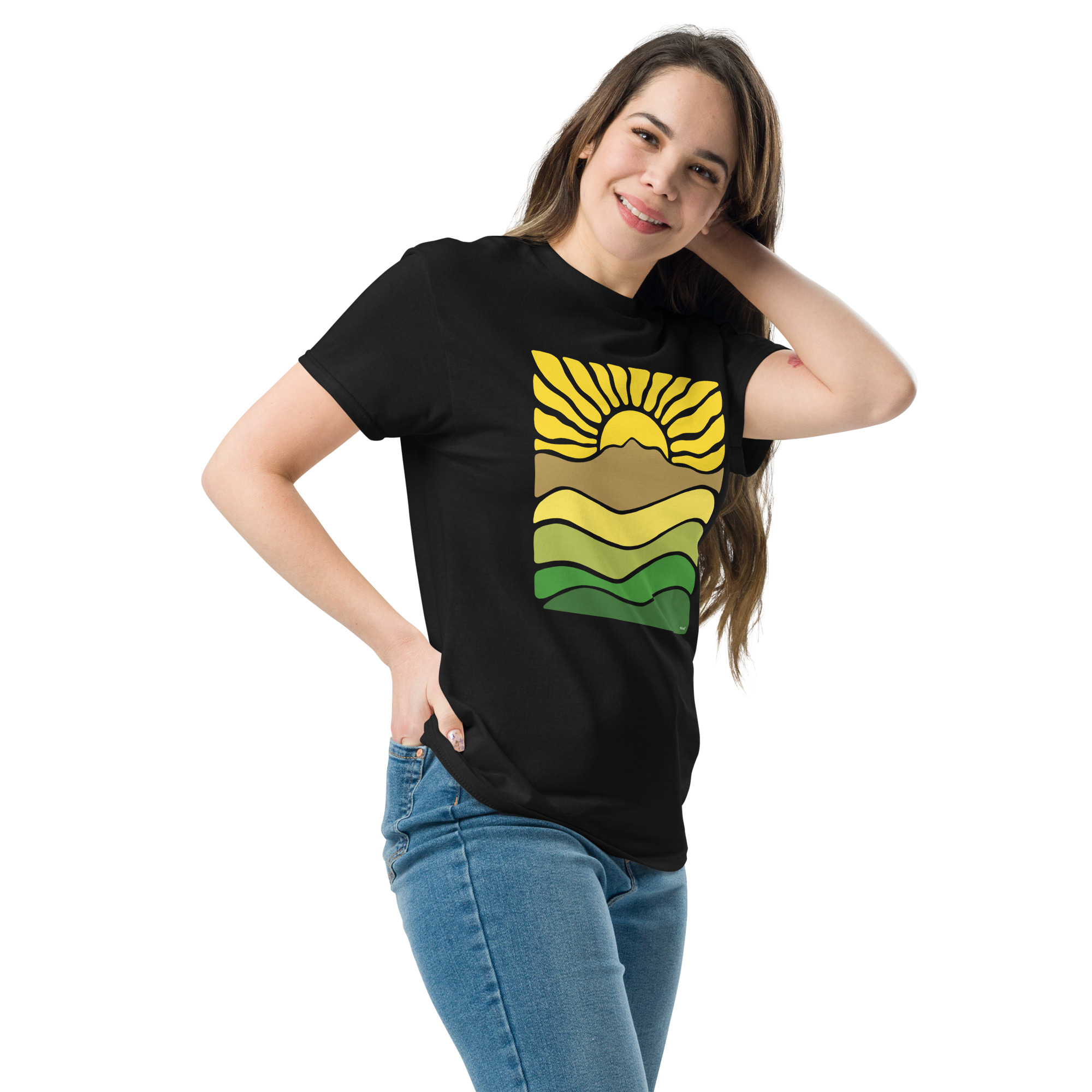 Unisex classic tee 100% Cotton T-shirt Mt Tamalpais Groovy Retro Sun Landscape Design – Yellow - Image 6