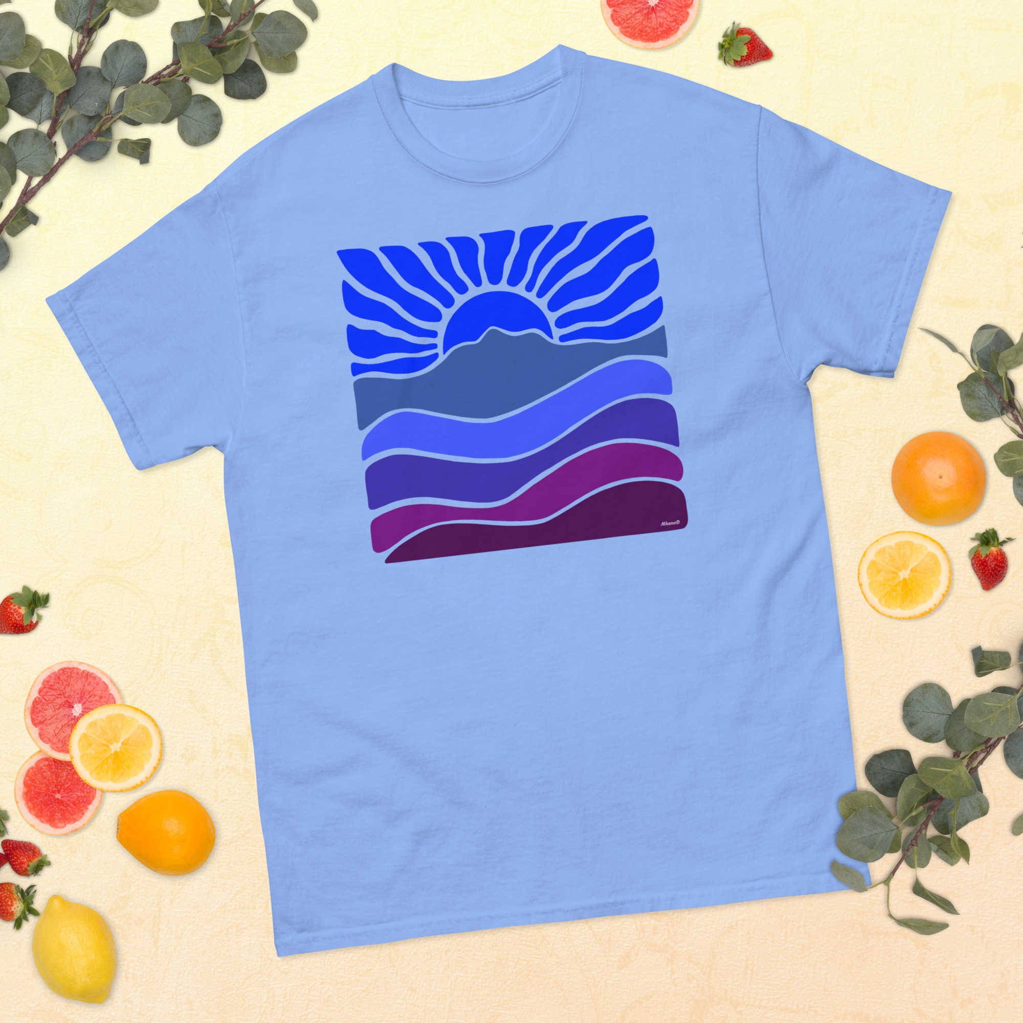 Unisex classic tee 100% Cotton T-shirt Mt Tamalpais Groovy Retro Sun Landscape Design – Dark Blue - Image 8