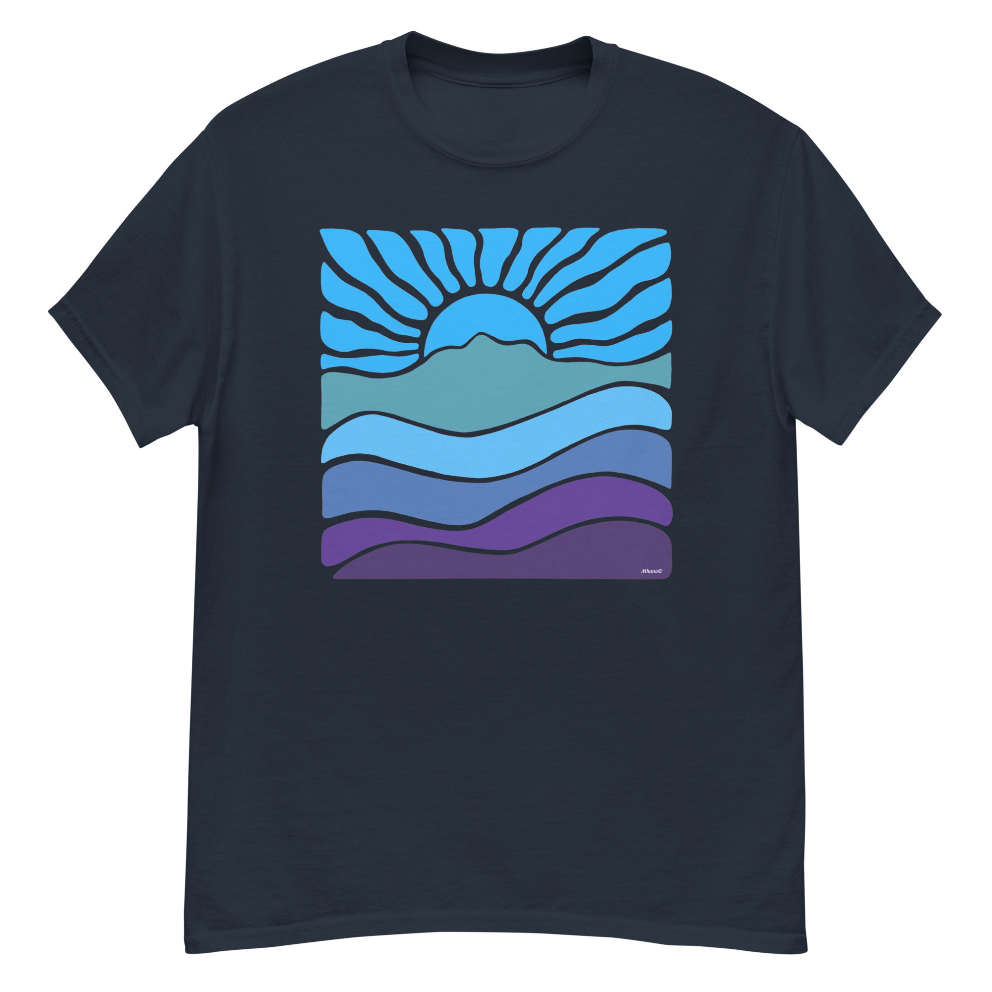 Unisex classic tee 100% Cotton T-shirt Mt Tamalpais Groovy Retro Sun Landscape Design - Light Blue - Image 7