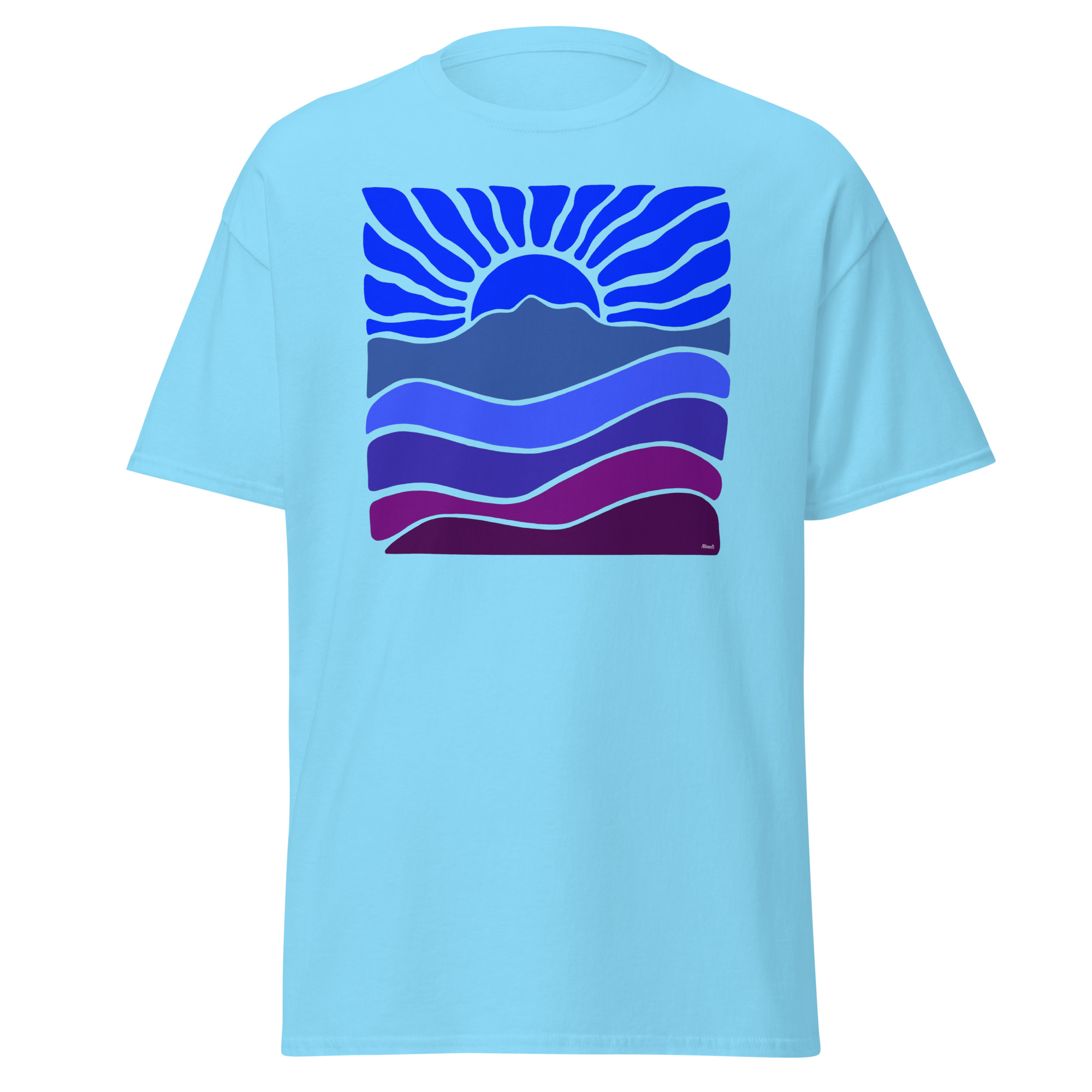 Unisex classic tee 100% Cotton T-shirt Mt Tamalpais Groovy Retro Sun Landscape Design – Dark Blue - Image 4