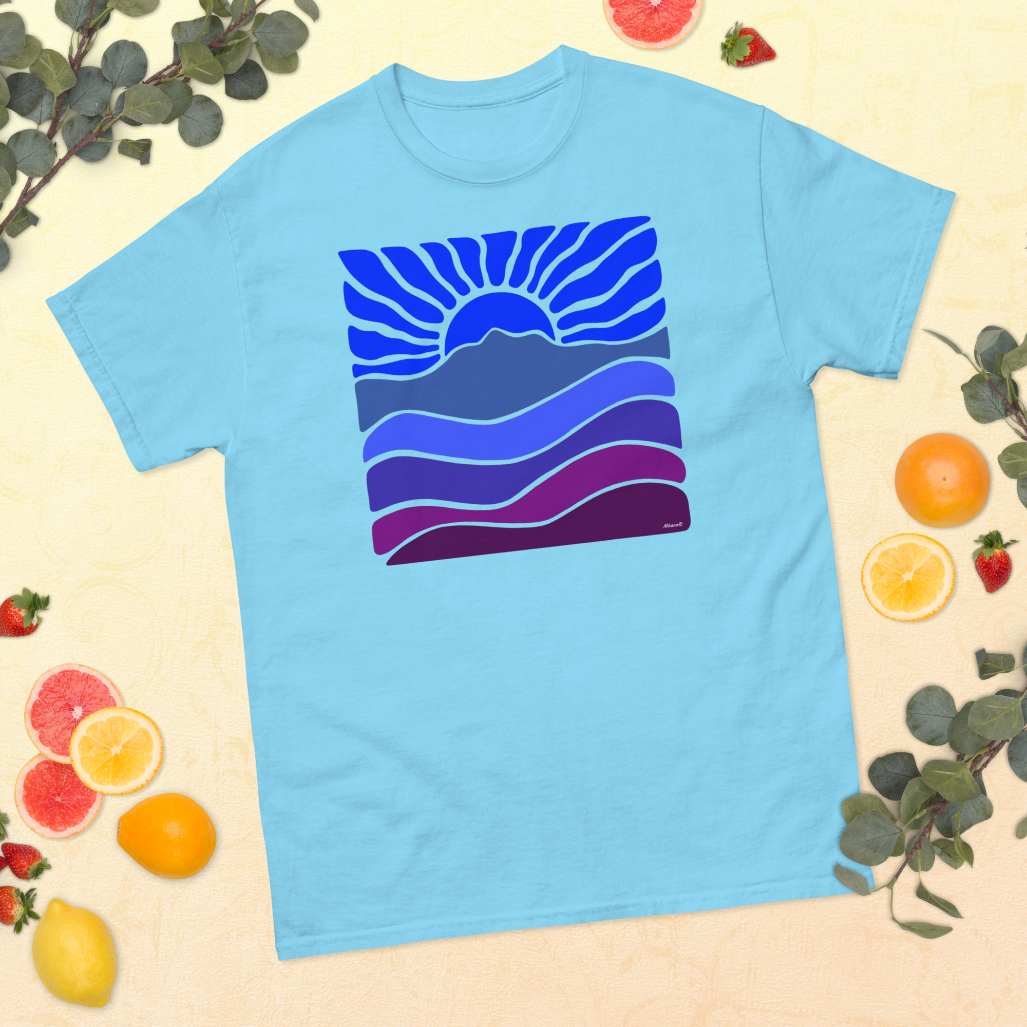 Unisex classic tee 100% Cotton T-shirt Mt Tamalpais Groovy Retro Sun Landscape Design – Dark Blue - Image 9