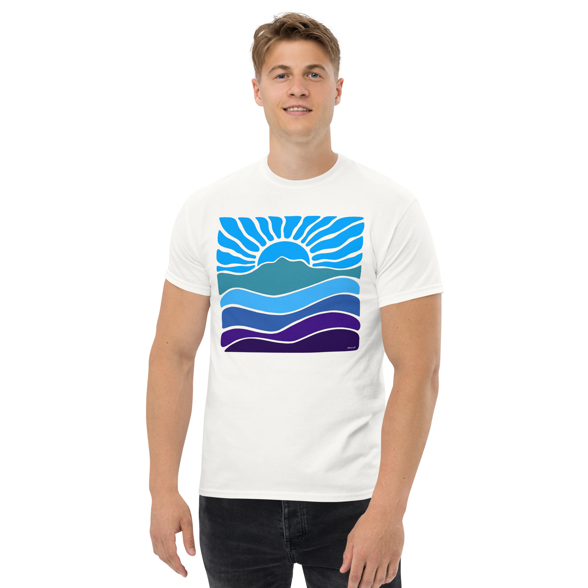 Unisex classic tee 100% Cotton T-shirt Mt Tamalpais Groovy Retro Sun Landscape Design - Light Blue - Image 4