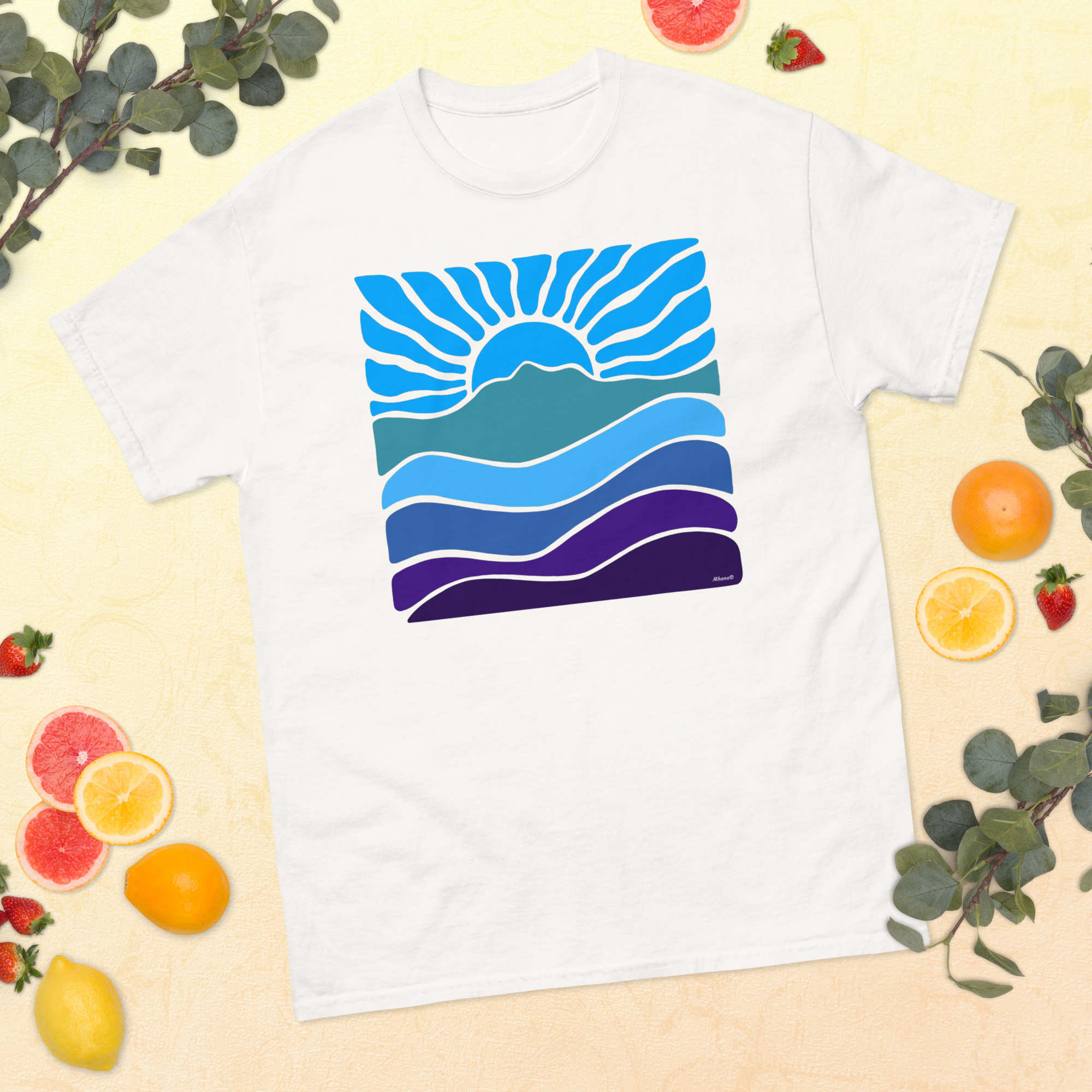 Unisex classic tee 100% Cotton T-shirt Mt Tamalpais Groovy Retro Sun Landscape Design - Light Blue - Image 5