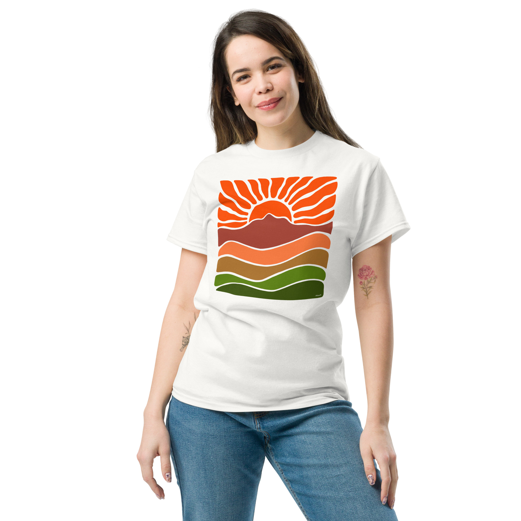 Unisex classic tee 100% Cotton T-shirt Mt Tamalpais Groovy Retro Sun Landscape Design – Orange - Image 4