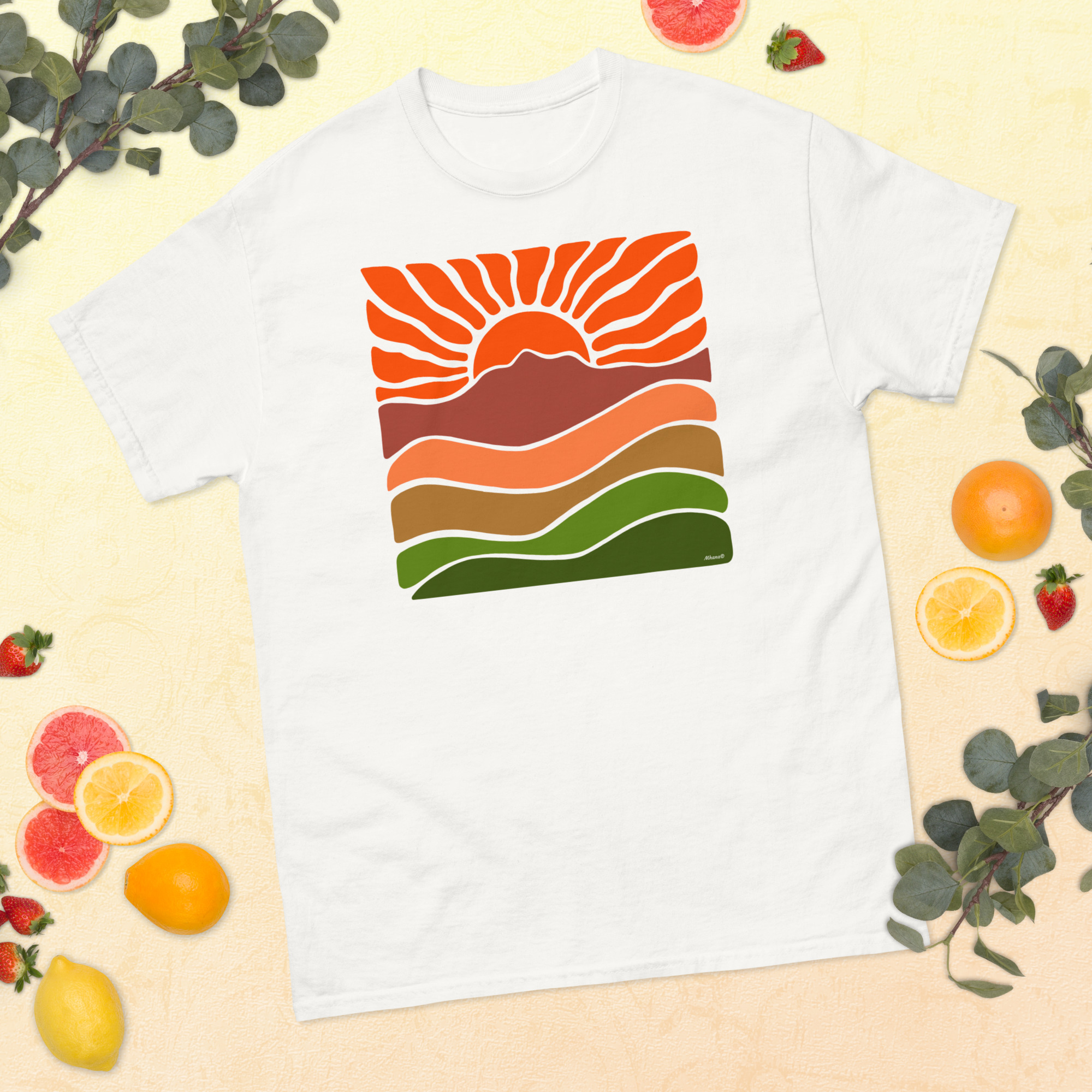 Unisex classic tee 100% Cotton T-shirt Mt Tamalpais Groovy Retro Sun Landscape Design – Orange - Image 5