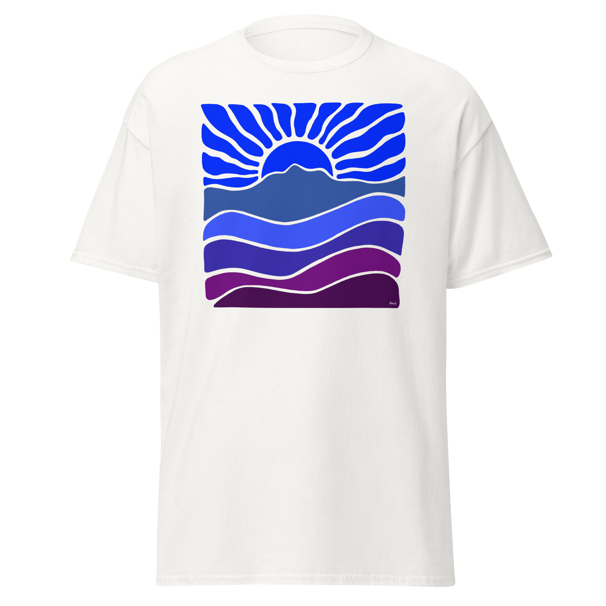Unisex classic tee 100% Cotton T-shirt Mt Tamalpais Groovy Retro Sun Landscape Design – Dark Blue - Image 3
