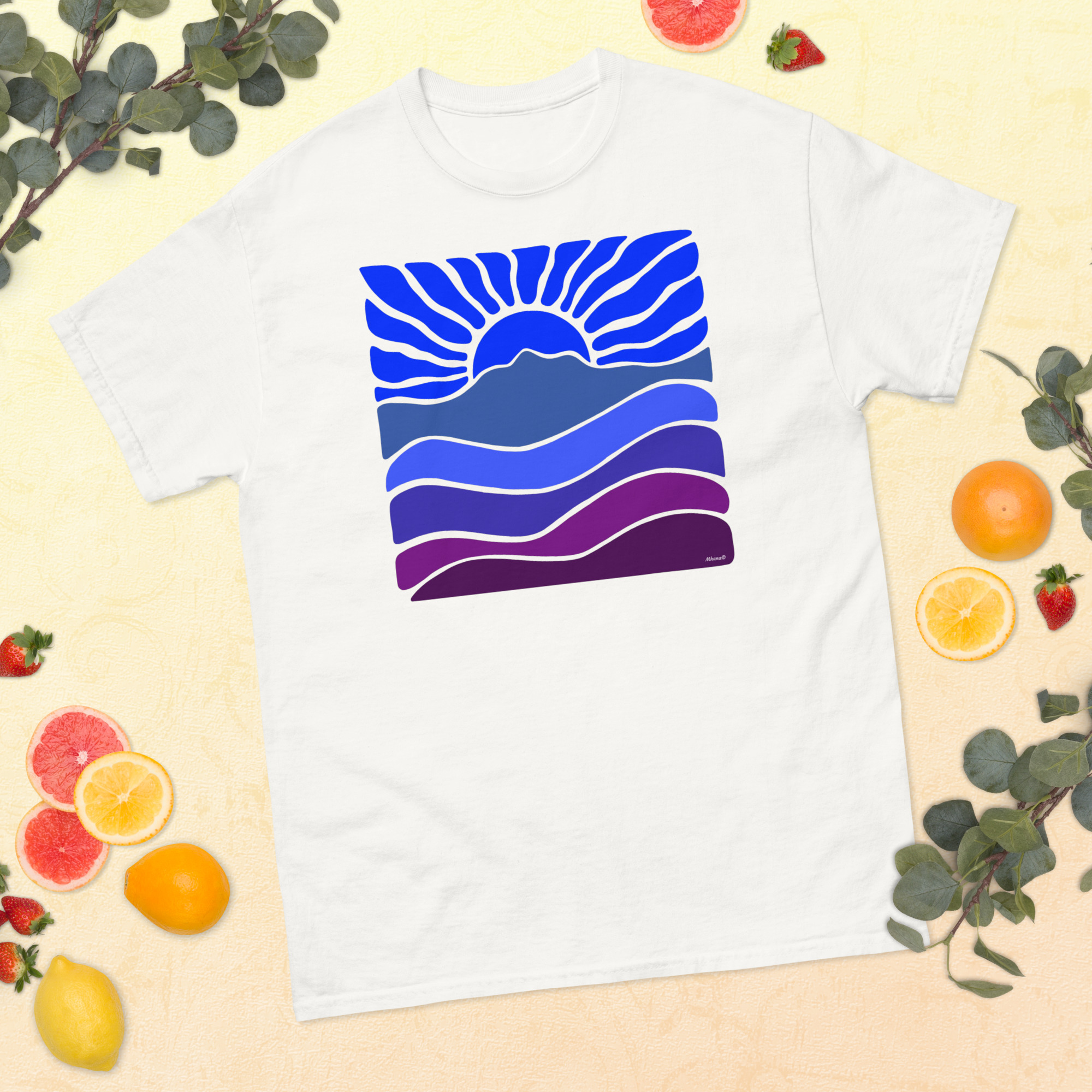 Unisex classic tee 100% Cotton T-shirt Mt Tamalpais Groovy Retro Sun Landscape Design – Dark Blue - Image 10