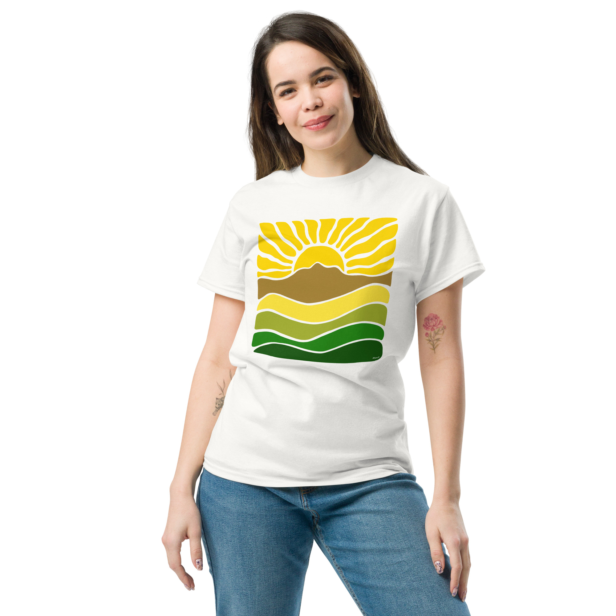 Unisex classic tee 100% Cotton T-shirt Mt Tamalpais Groovy Retro Sun Landscape Design – Yellow - Image 2