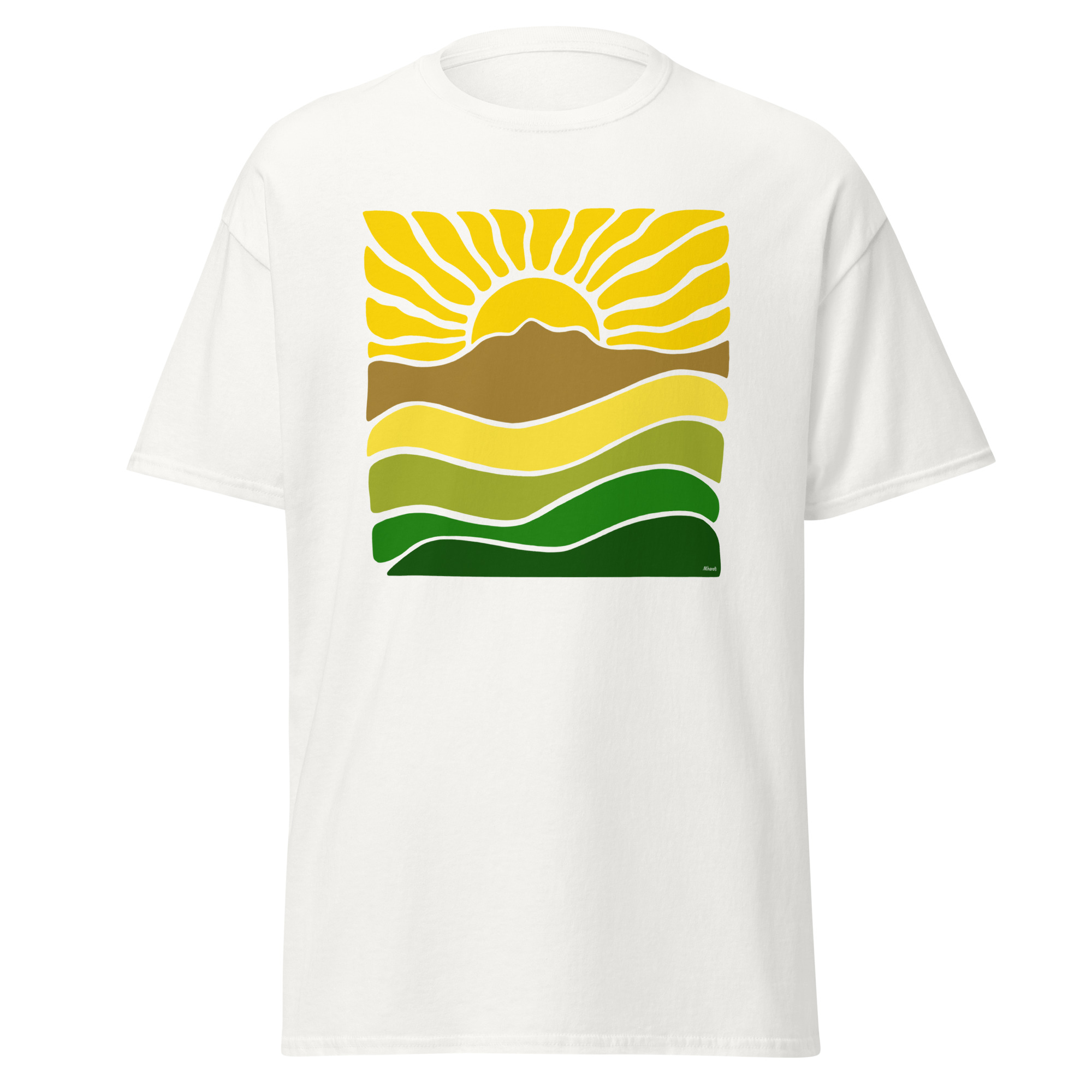 Unisex classic tee 100% Cotton T-shirt Mt Tamalpais Groovy Retro Sun Landscape Design – Yellow - Image 5