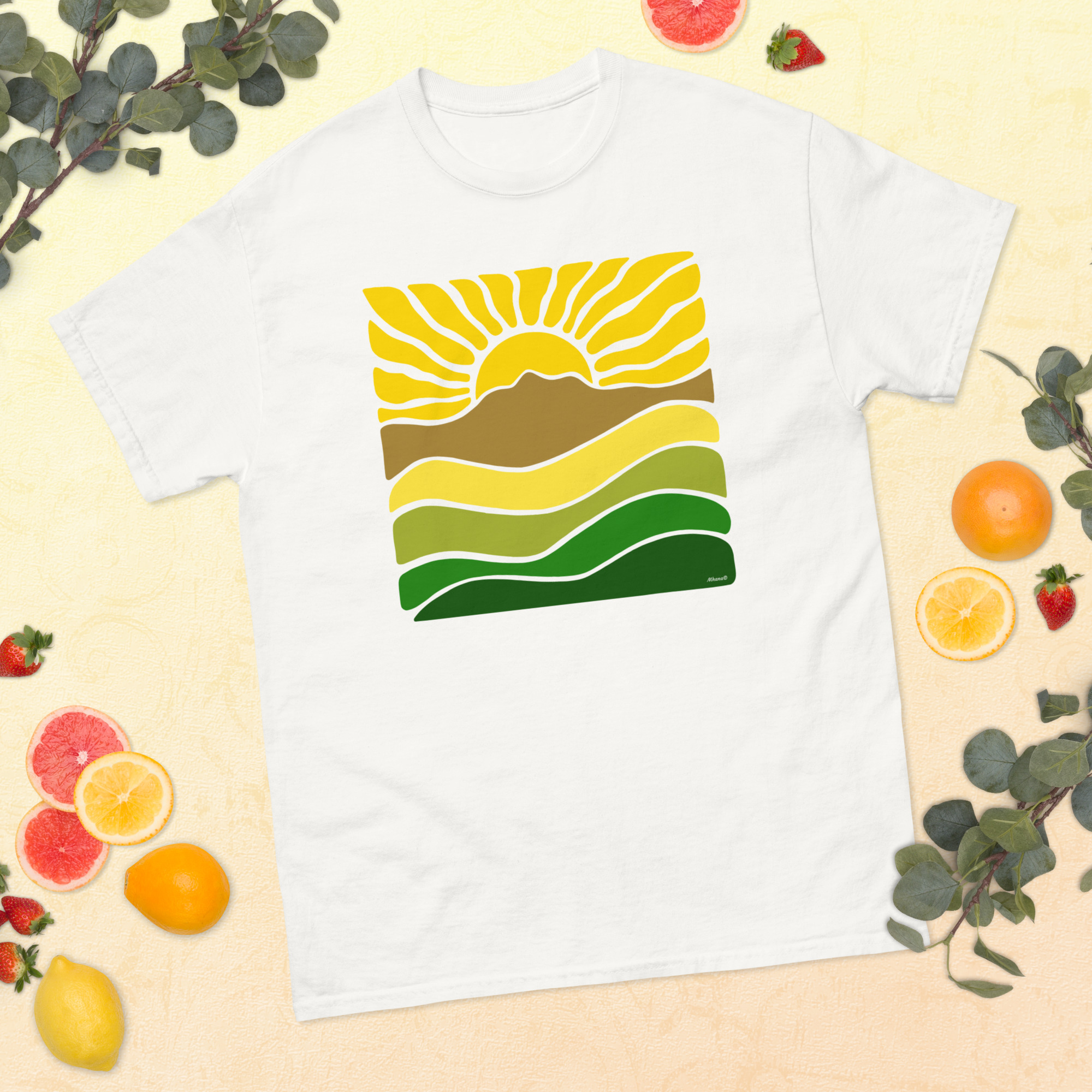 Unisex classic tee 100% Cotton T-shirt Mt Tamalpais Groovy Retro Sun Landscape Design – Yellow - Image 7