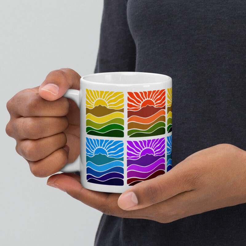 White glossy mug Mt Tamalpais Groovy Retro Sun Landscape Design X4 Rainbow - select size
