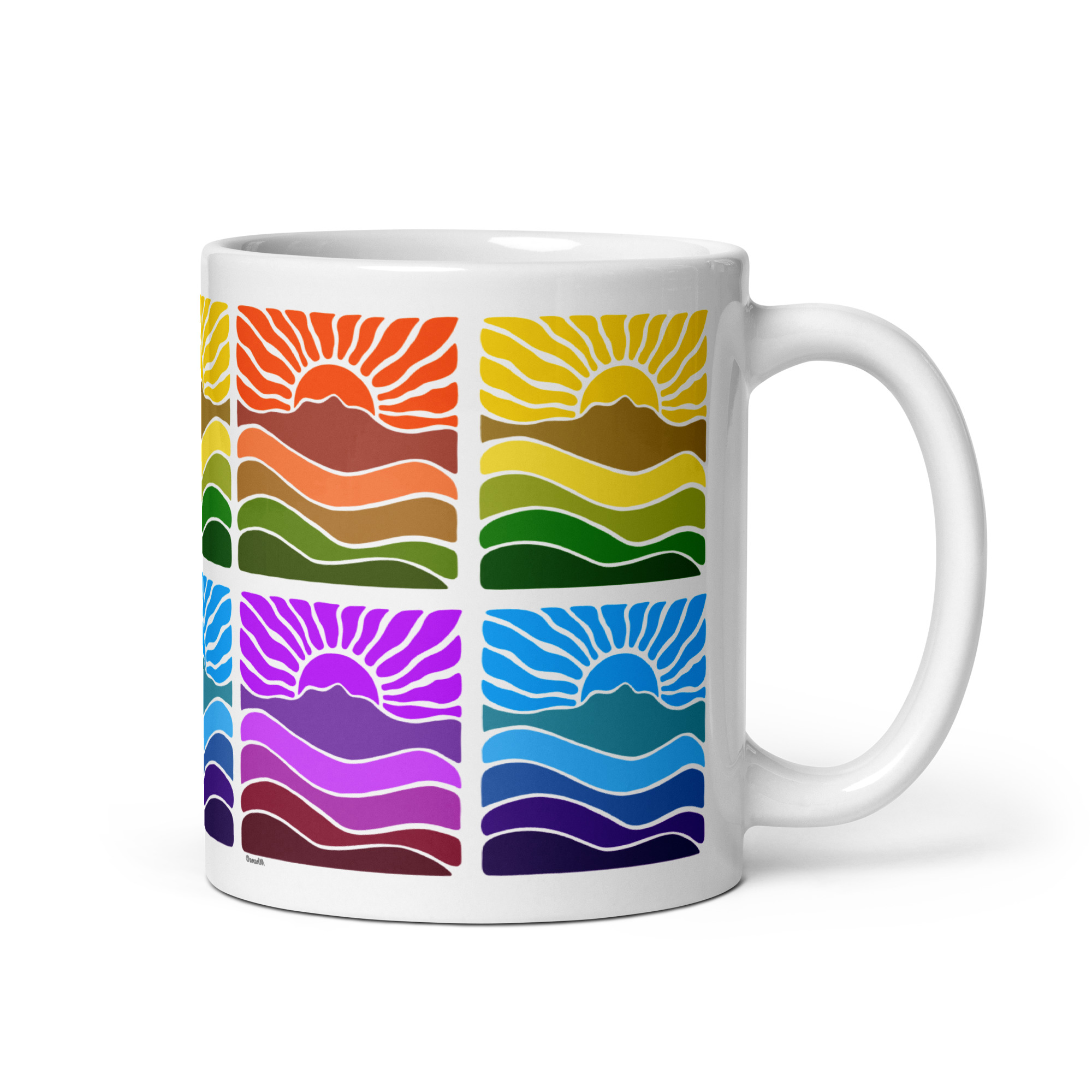 White glossy mug Mt Tamalpais Groovy Retro Sun Landscape Design X4 Rainbow - select size - Image 5