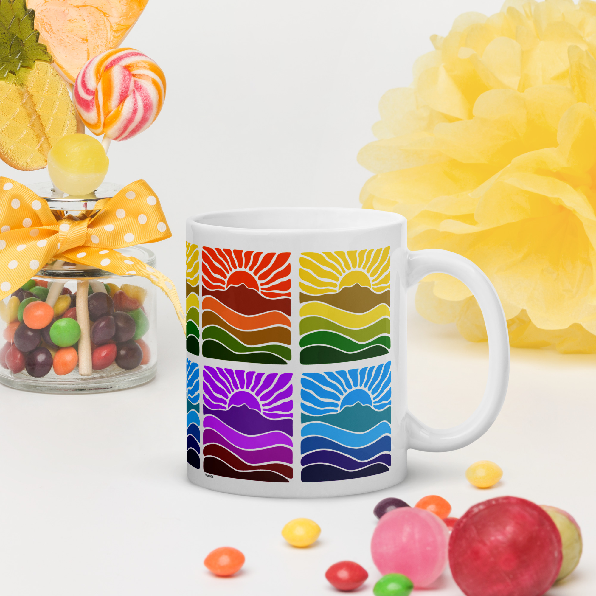White glossy mug Mt Tamalpais Groovy Retro Sun Landscape Design X4 Rainbow - select size - Image 2
