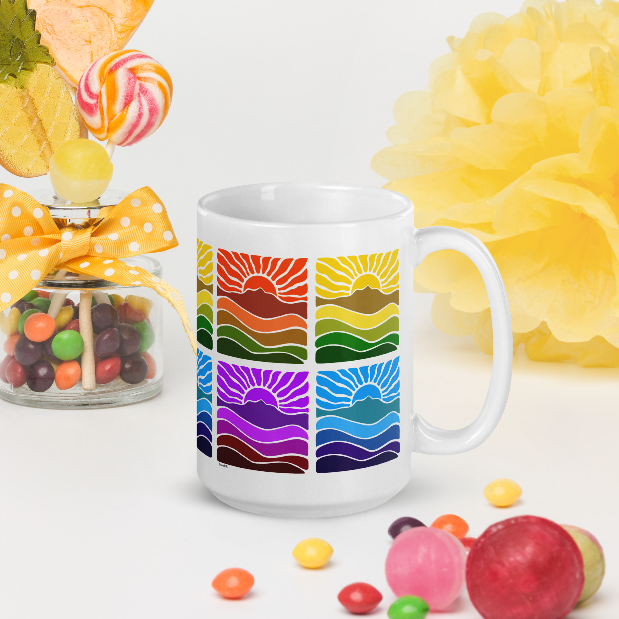White glossy mug Mt Tamalpais Groovy Retro Sun Landscape Design X4 Rainbow - select size - Image 3