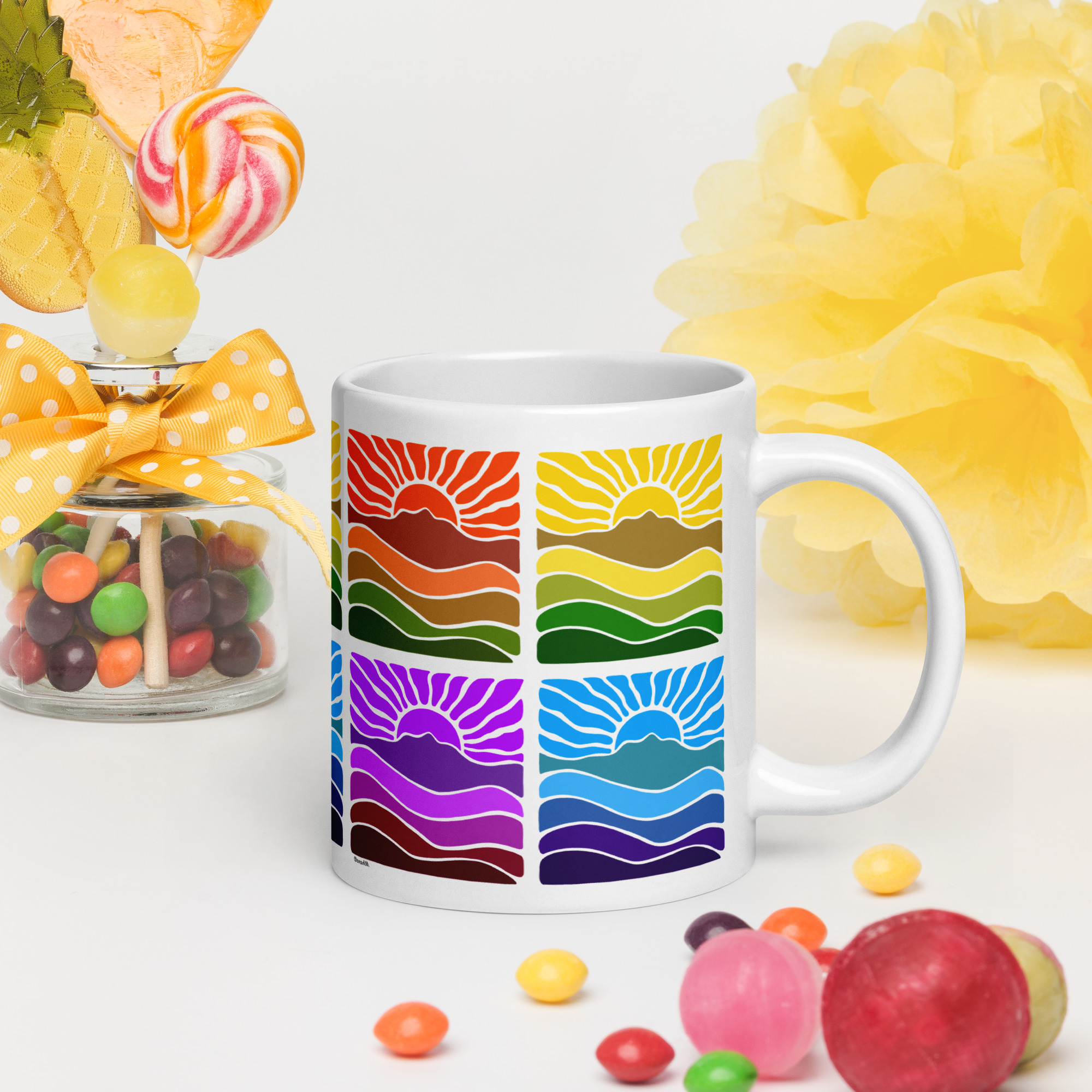 White glossy mug Mt Tamalpais Groovy Retro Sun Landscape Design X4 Rainbow - select size - Image 4