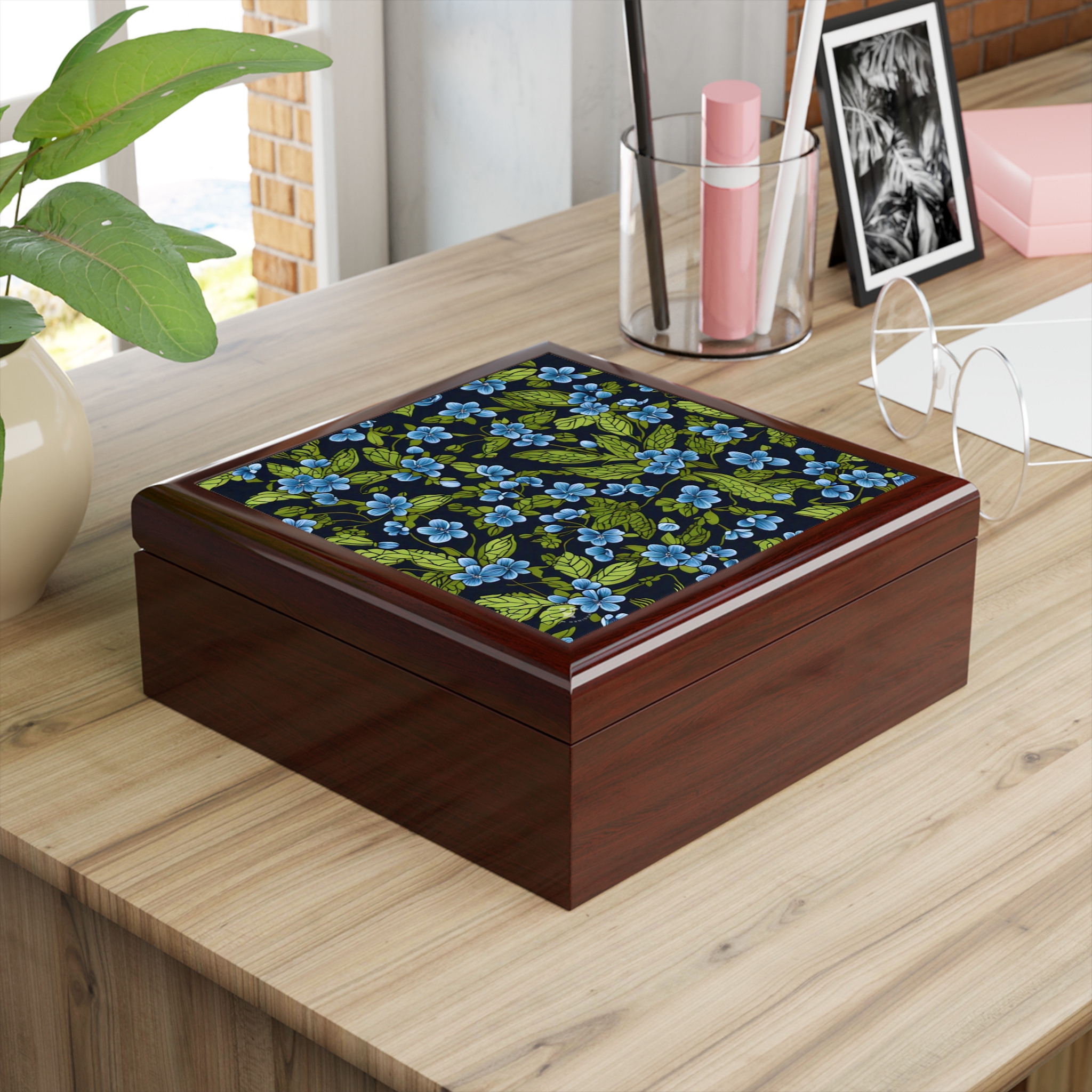 Forget-me-Not Jewelry Box with decorated glossy sublimation ceramic tile fitted lid - Image 8