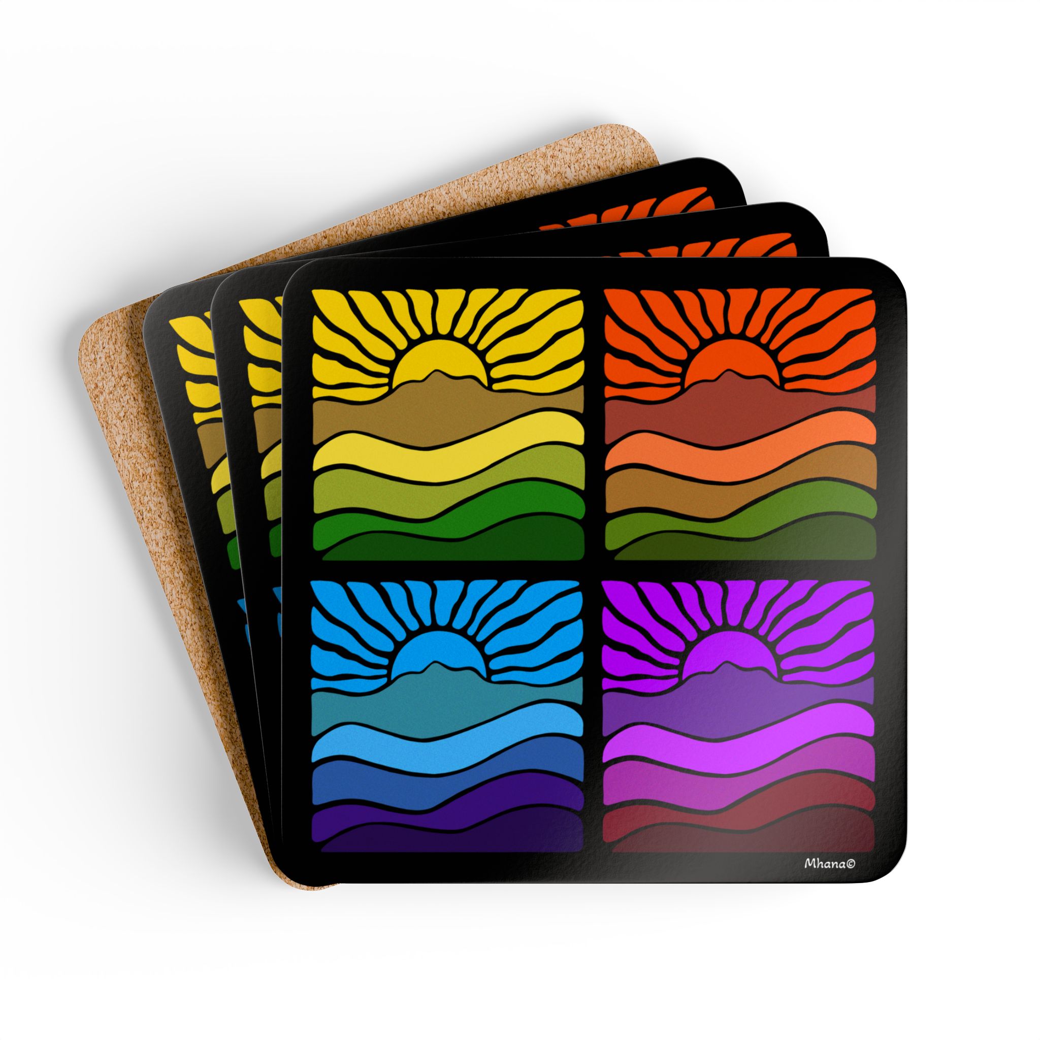 Corkwood Coaster set of 4 Groovy Retro Mt Tamalpais Sun Landscape Design - Made in USA - Image 5