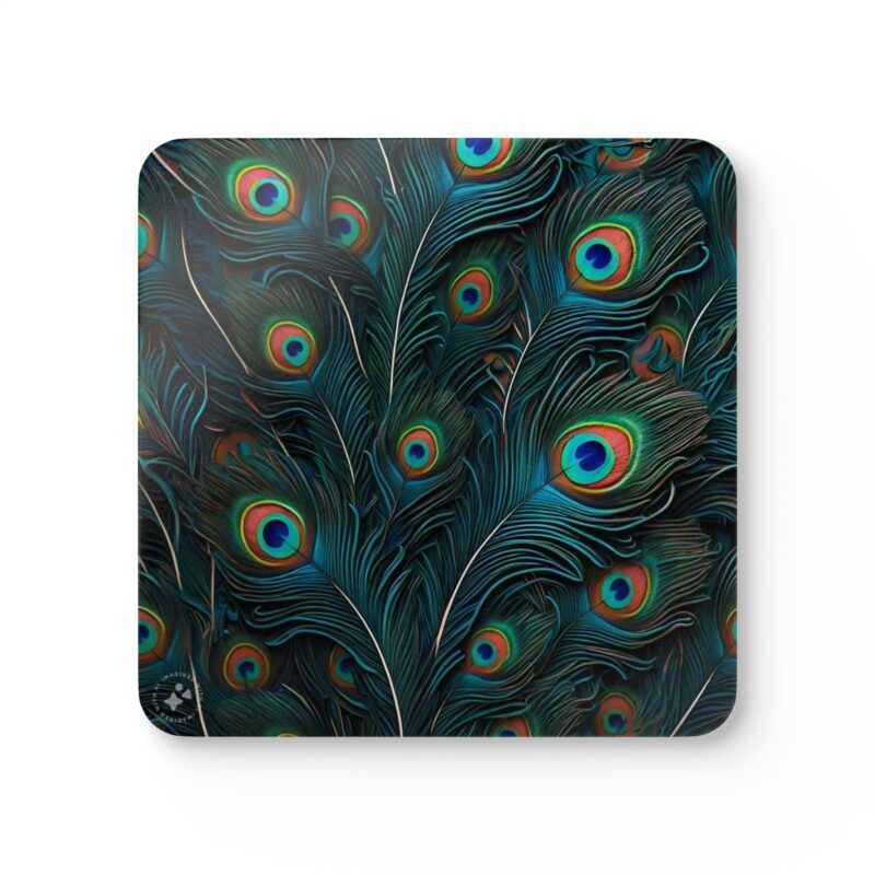 Corkwood Coaster (Set of 4) Peacock Feathers Design (Customizable) - Made in USA