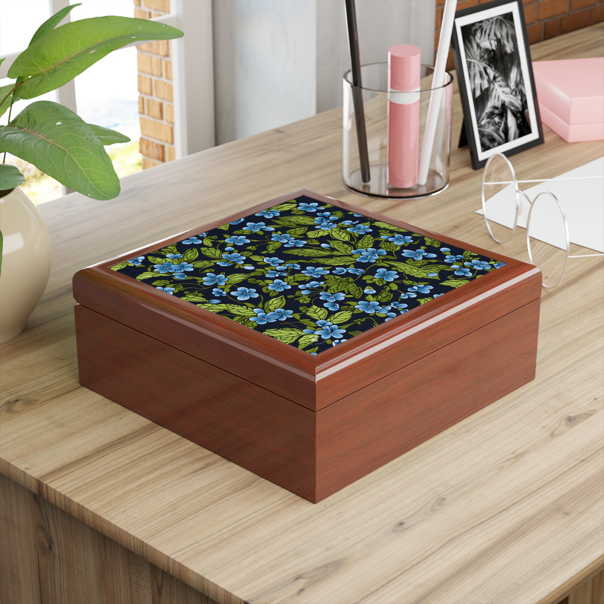 Forget-me-Not Jewelry Box with decorated glossy sublimation ceramic tile fitted lid - Image 5