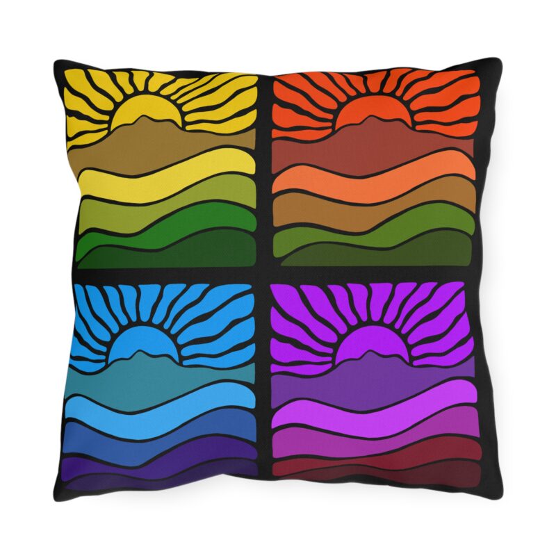OUTDOOR PILLOW!? Groovy Retro Mt Tamalpais Sun Landscape Design X4 Rainbow Outdoor Pillows - Vibrant Outdoor Decor for Relaxation